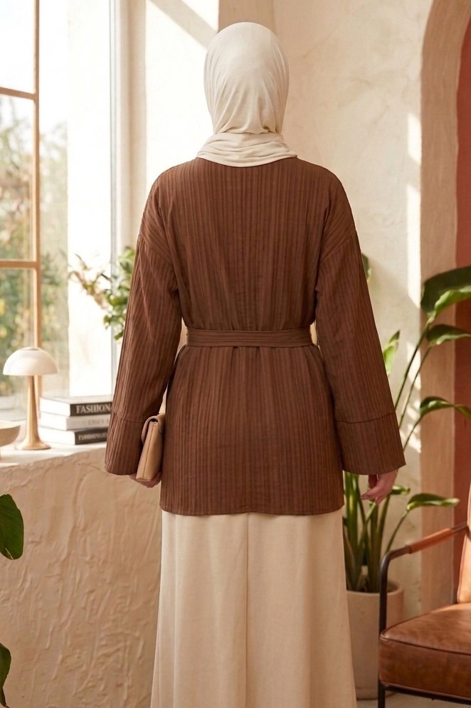 Beli Lastikli Kuşaklı Tunik - 28388-KAHVE - 3