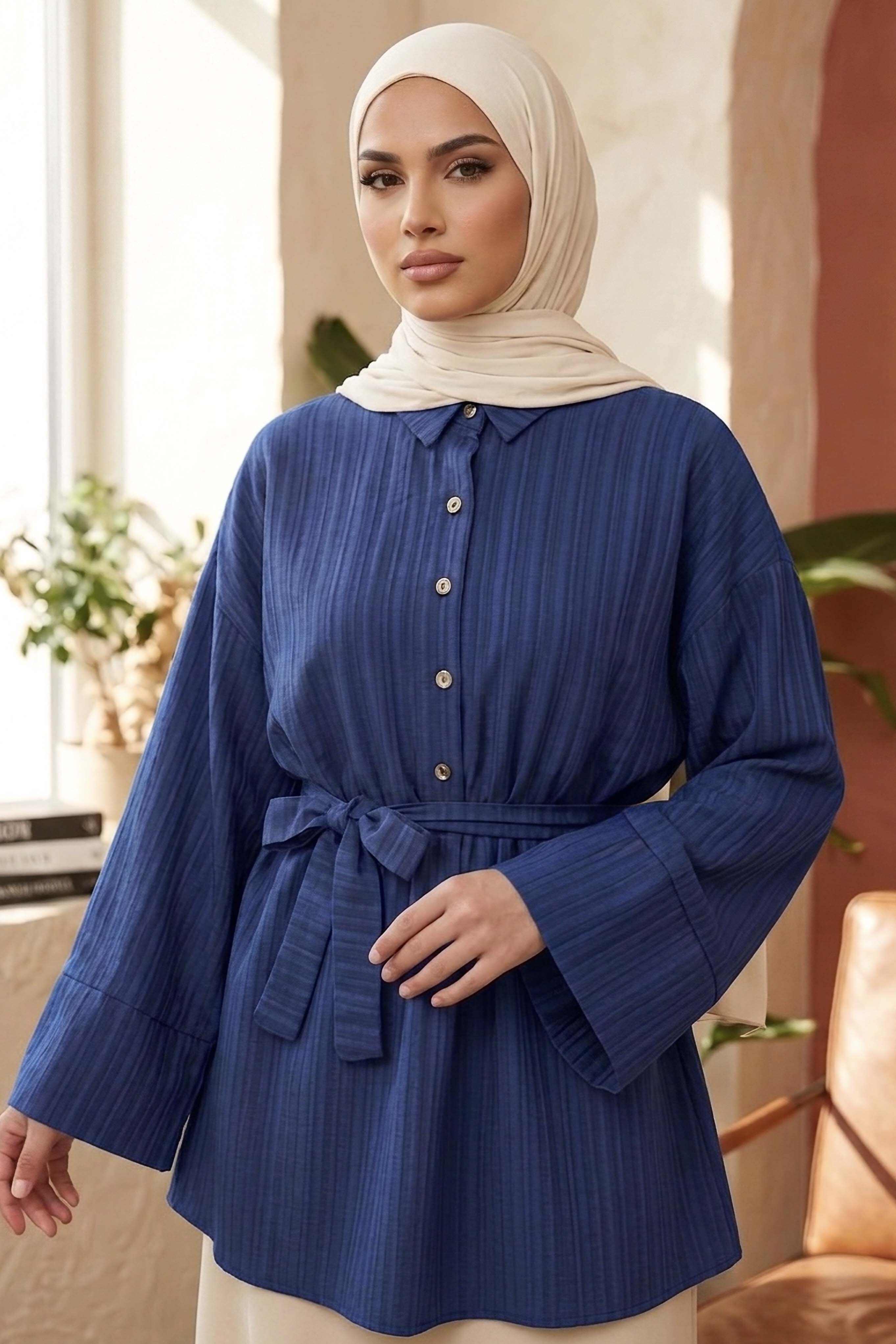 Beli Lastikli Kuşaklı Tunik - 28388-LACIVERT - 2