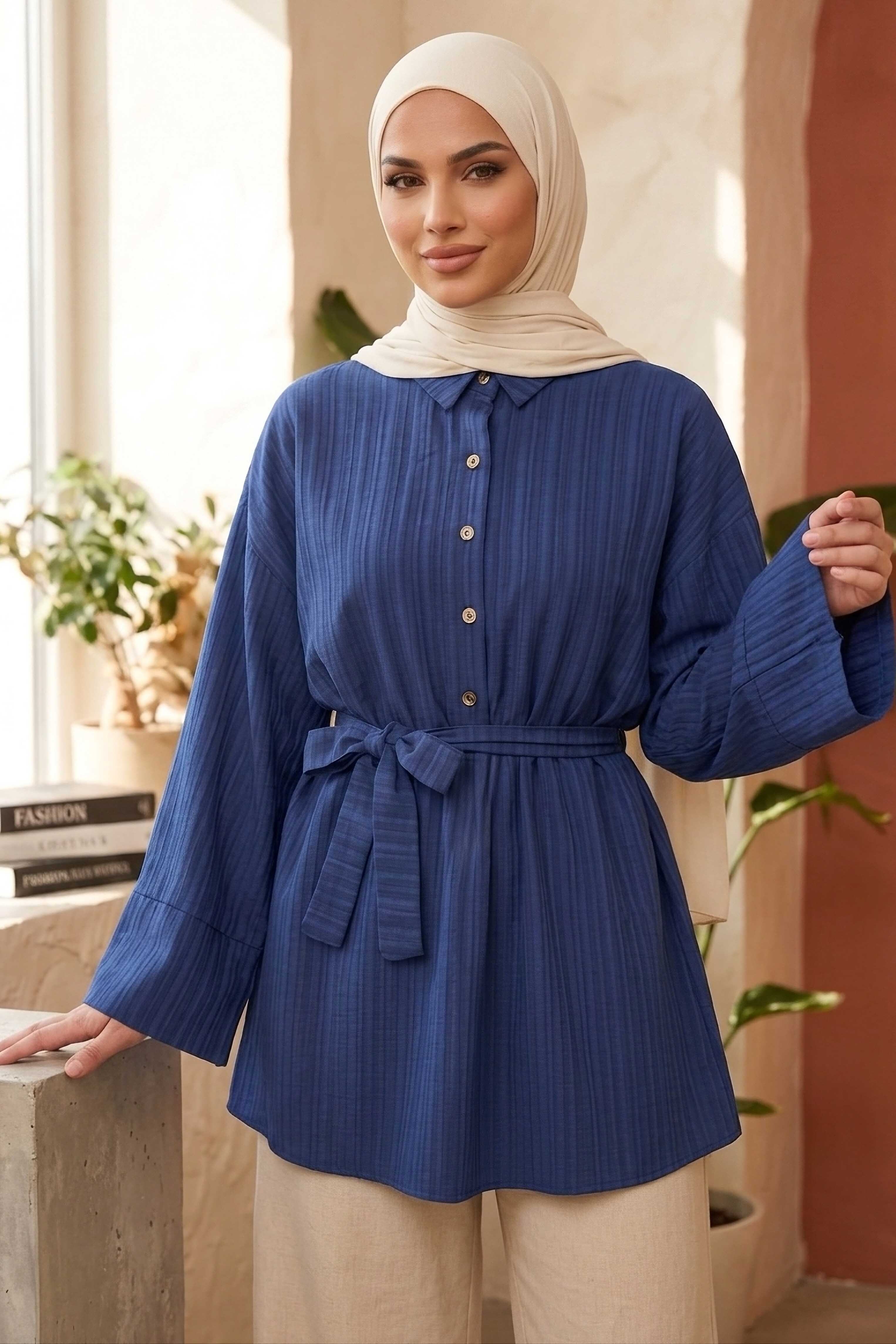 Beli Lastikli Kuşaklı Tunik - 28388-LACIVERT - 1