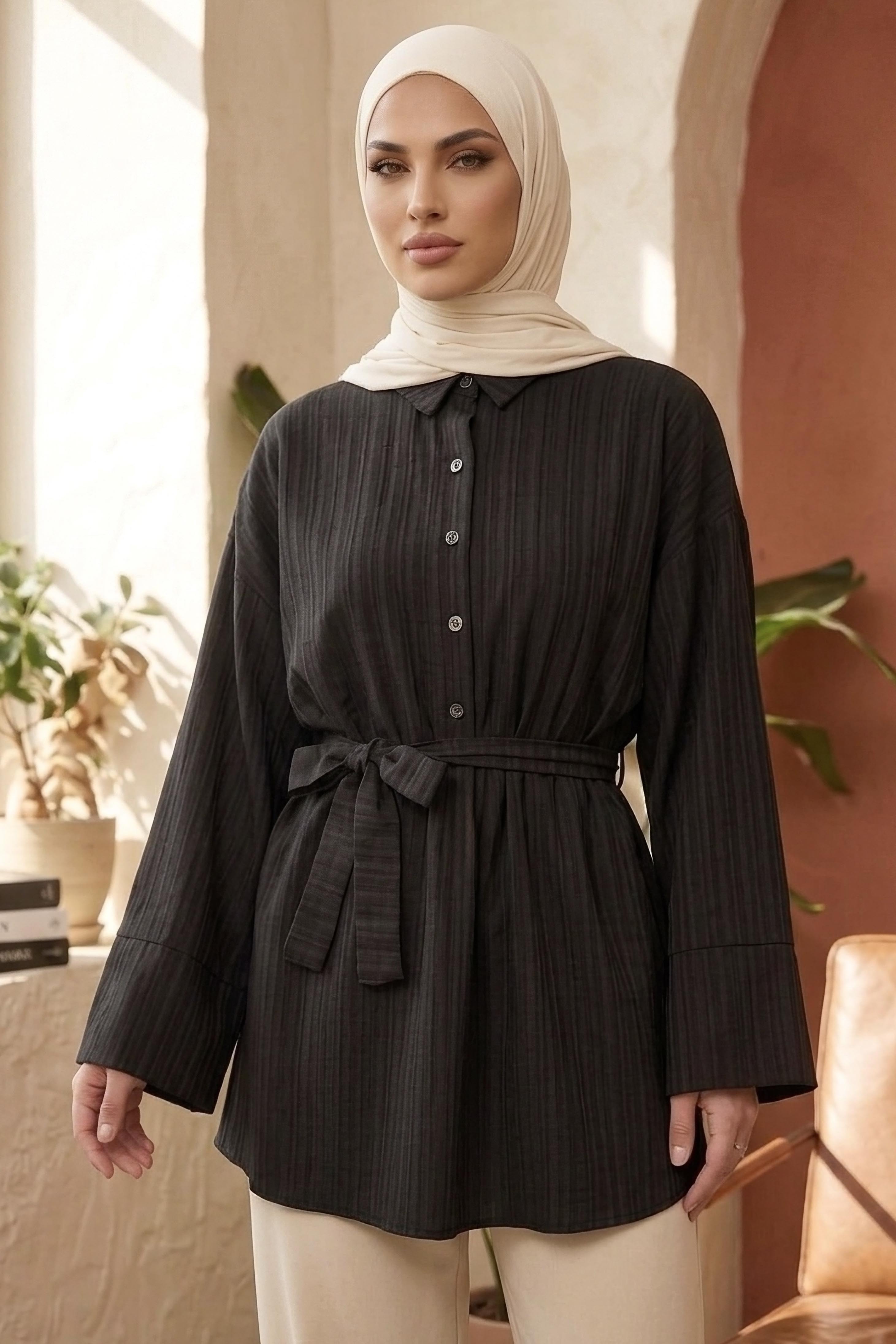 Beli Lastikli Kuşaklı Tunik - 28388-SIYAH - 1