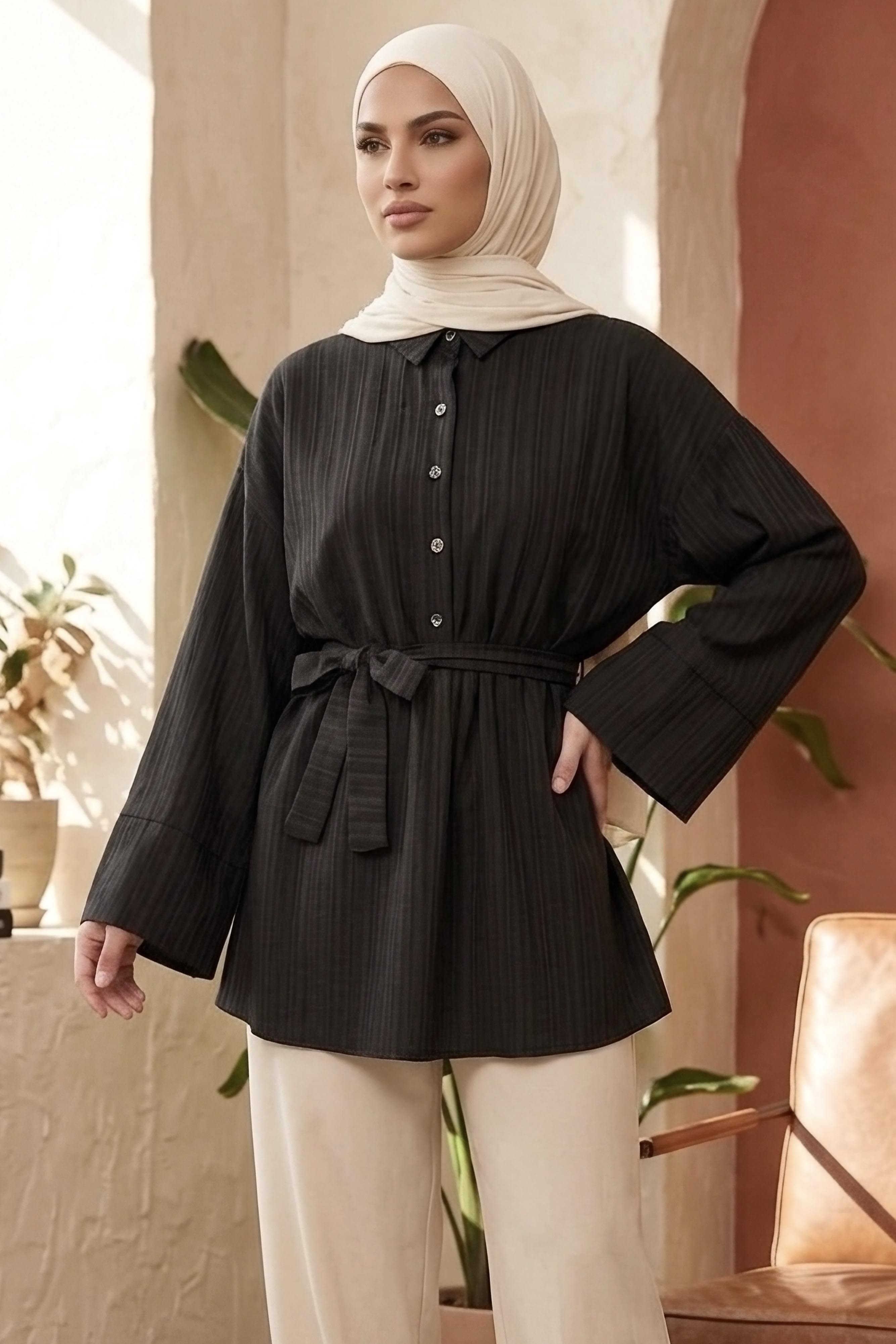 Beli Lastikli Kuşaklı Tunik - 28388-SIYAH - 2