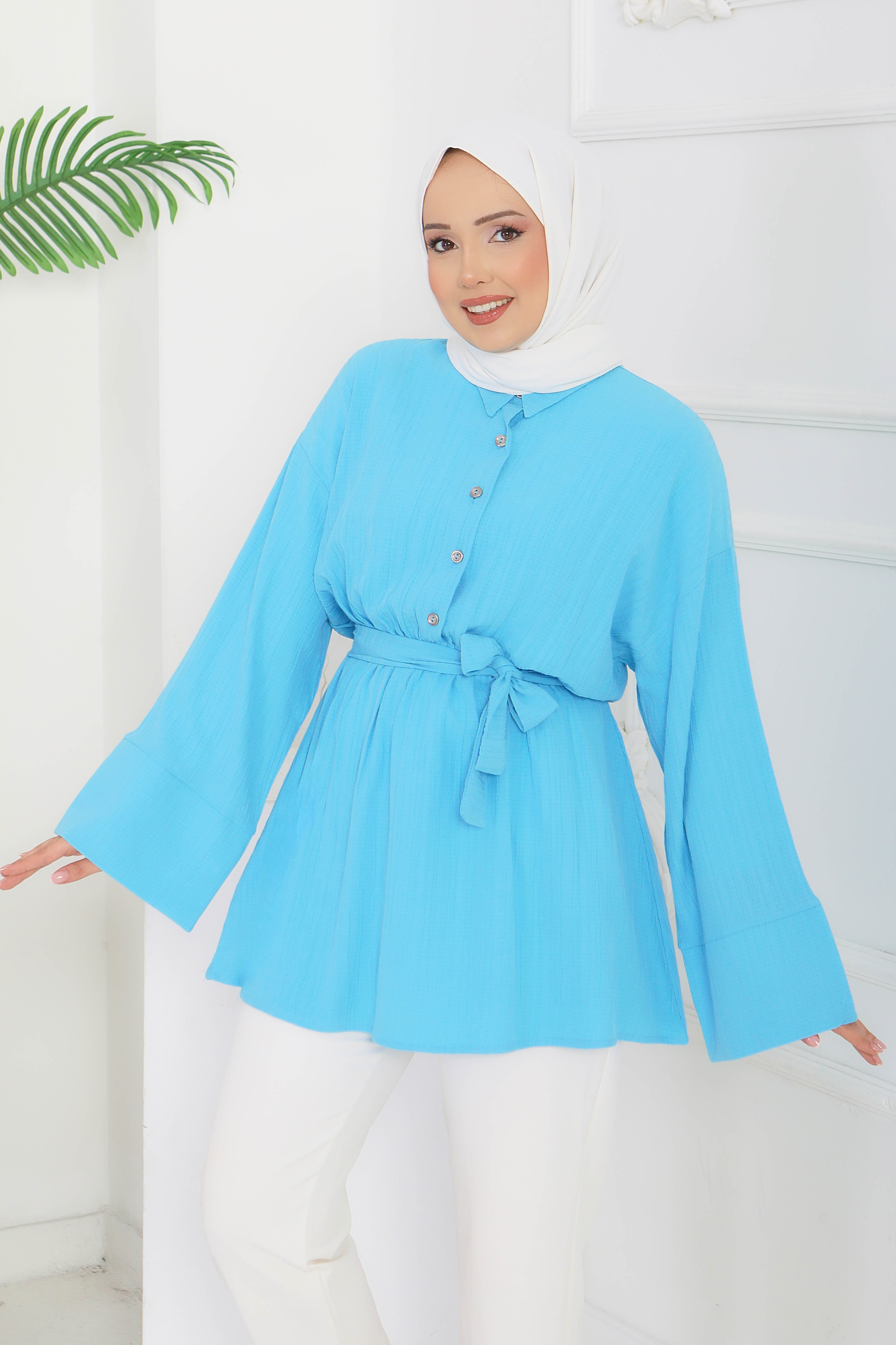 Beli Lastikli Kuşaklı Tunik - 28388-TURKUAZ - 2