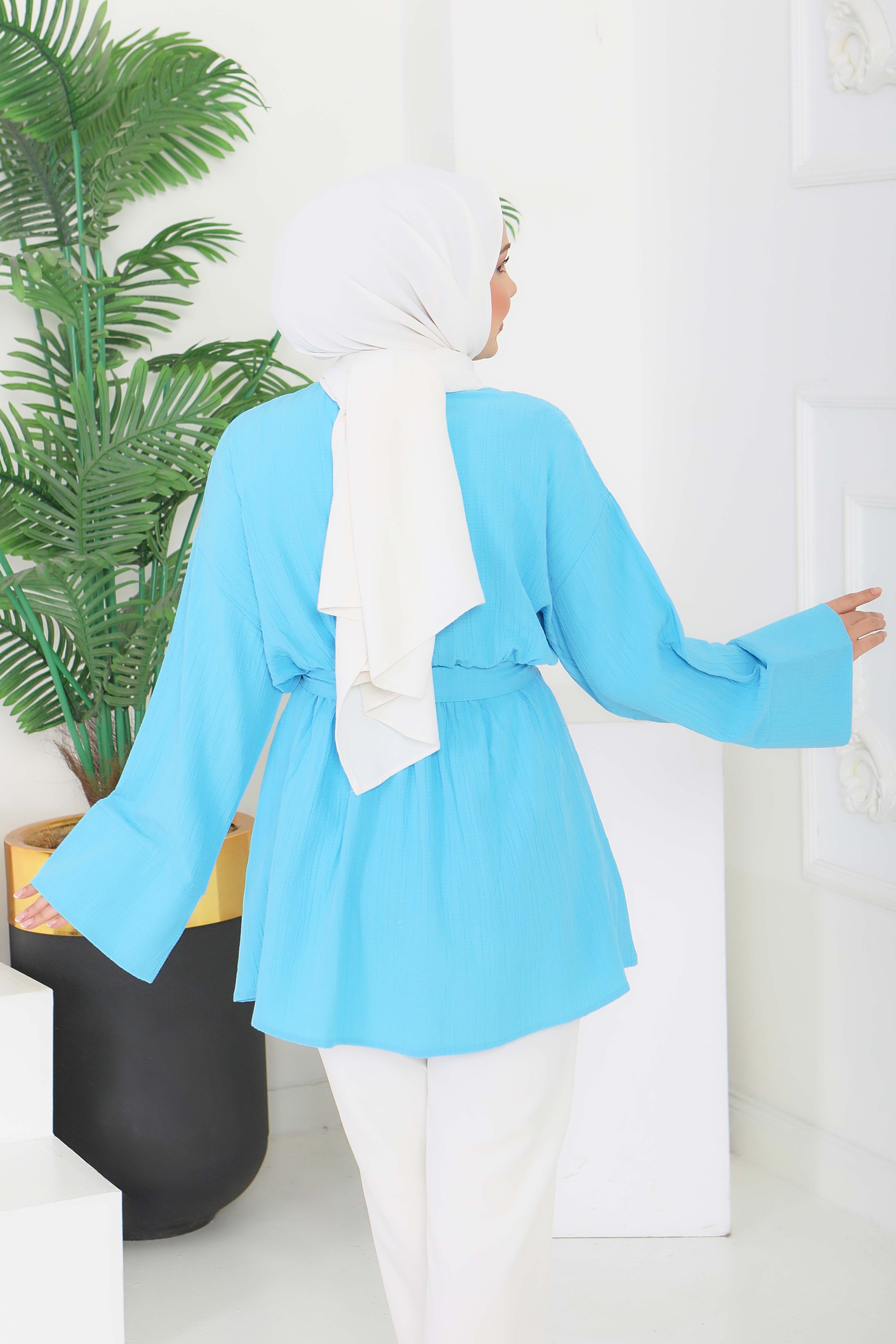 Beli Lastikli Kuşaklı Tunik - 28388-TURKUAZ - 4