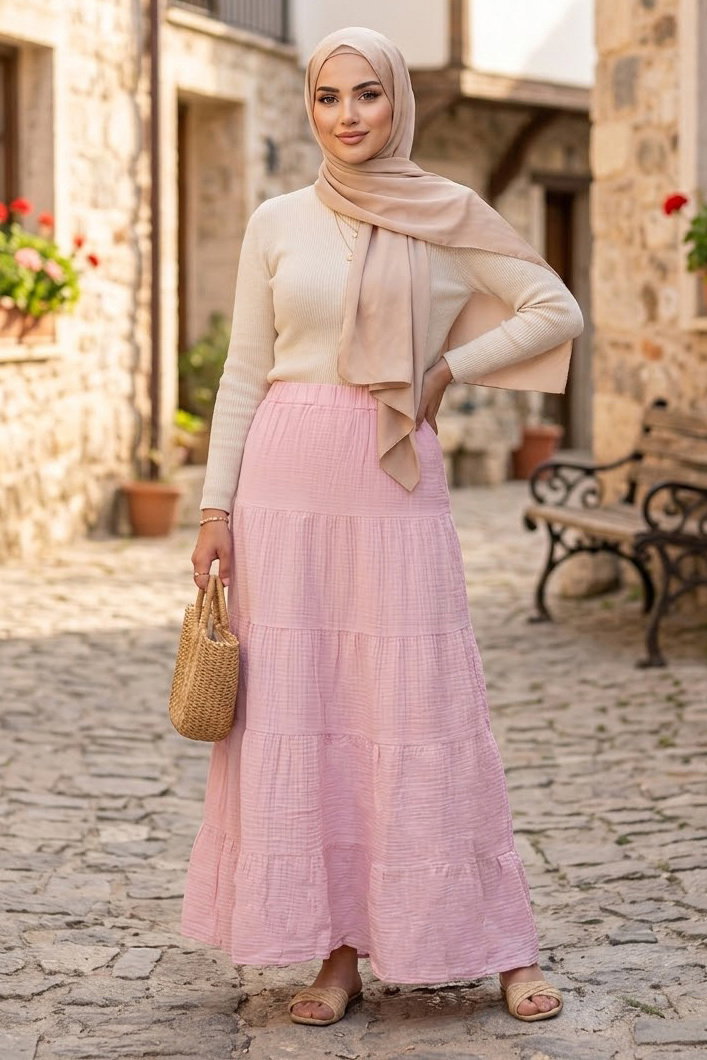 Beli Lastikli Lastikli Astarlı Etek Pembe - 28483-PEMBE - 2