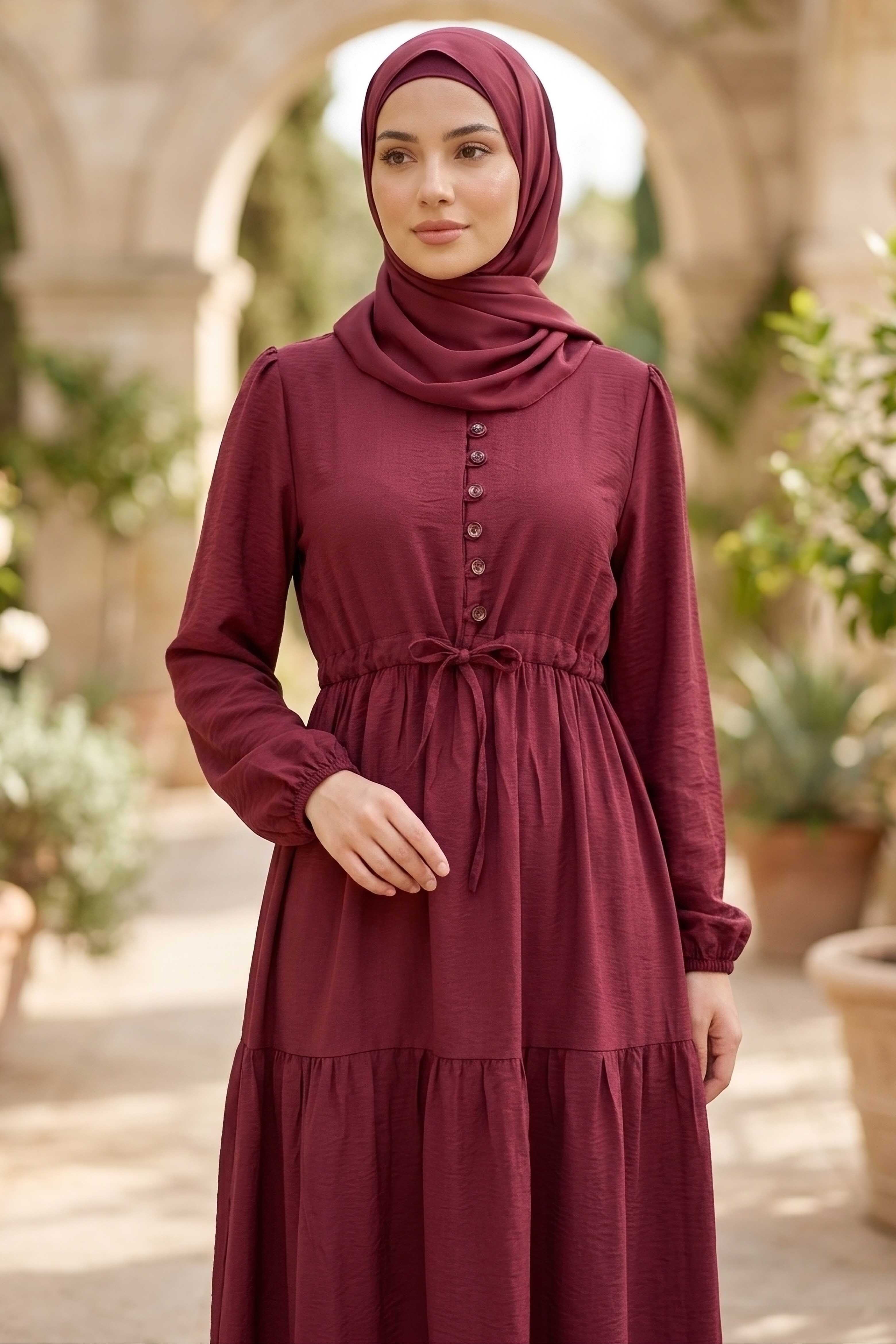 Belinde Tünel Detaylı 4 Katlı Elbise - 28383-BORDO - 1