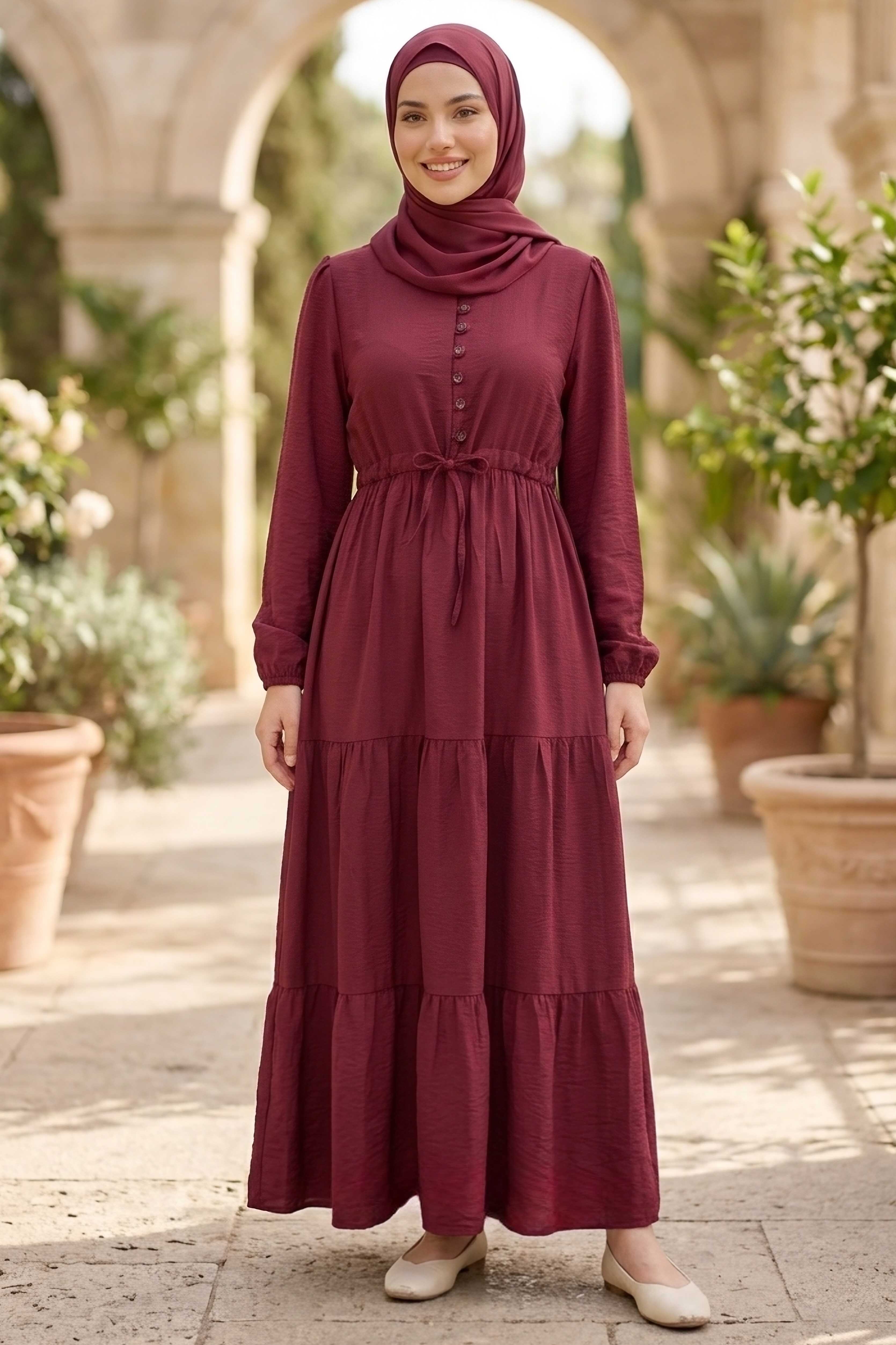 Belinde Tünel Detaylı 4 Katlı Elbise - 28383-BORDO - 2