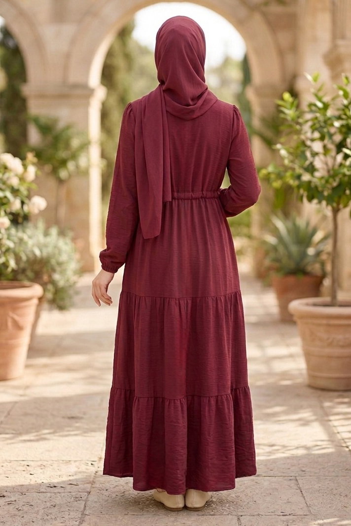 Belinde Tünel Detaylı 4 Katlı Elbise - 28383-BORDO - 3