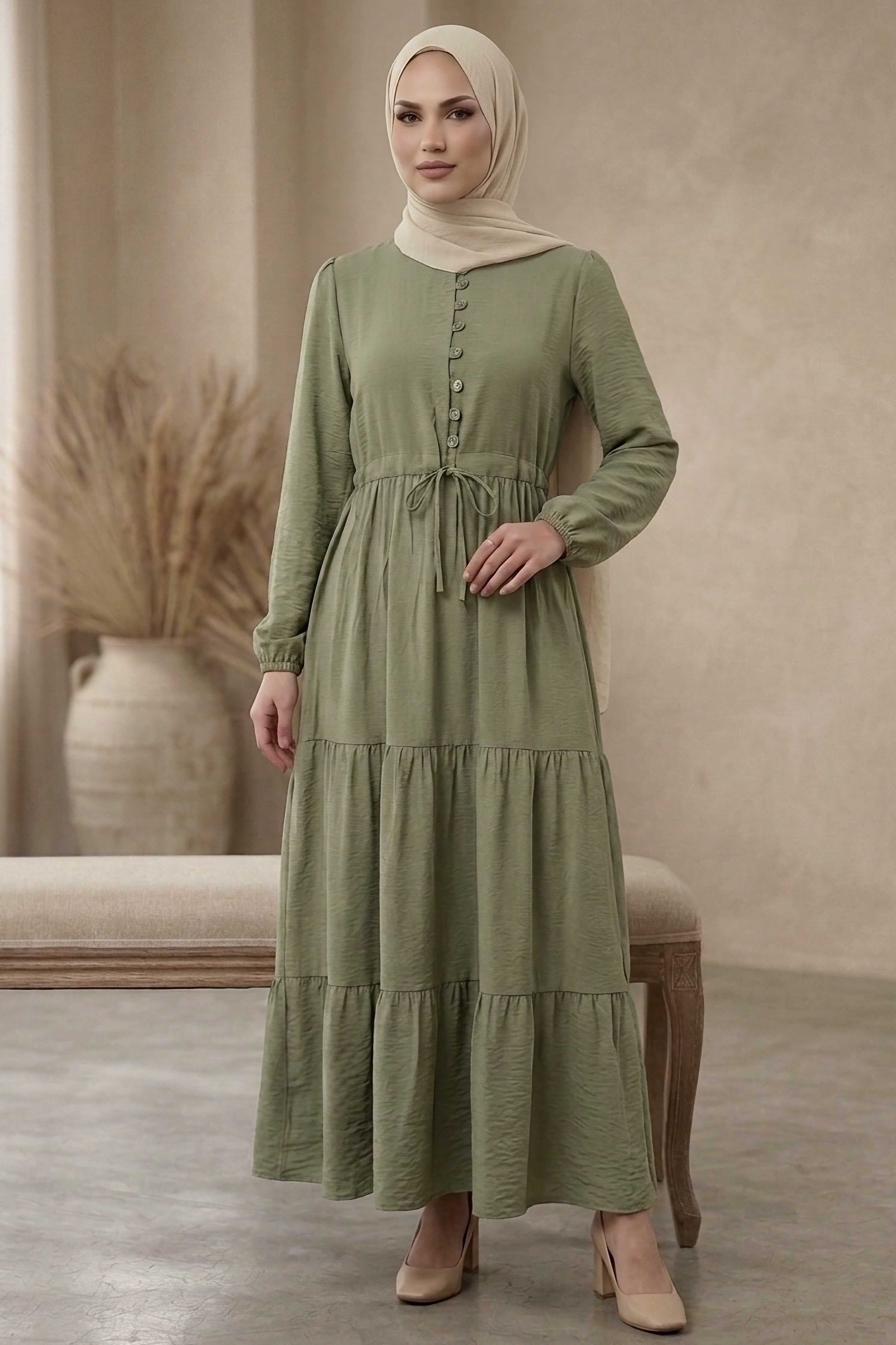 Belinde Tünel Detaylı 4 Katlı Elbise - 28383-HAKI - 1