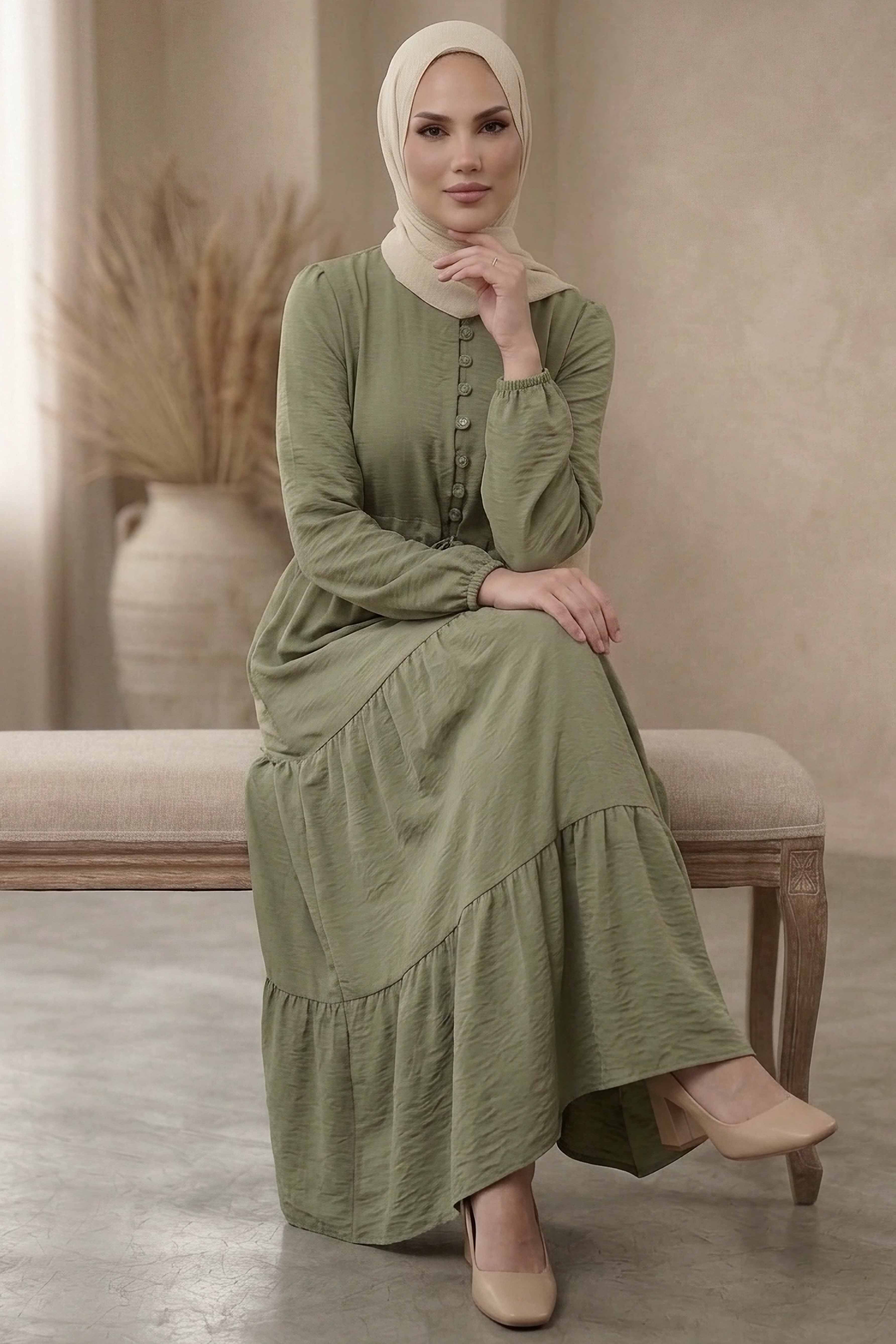 Belinde Tünel Detaylı 4 Katlı Elbise - 28383-HAKI - 2