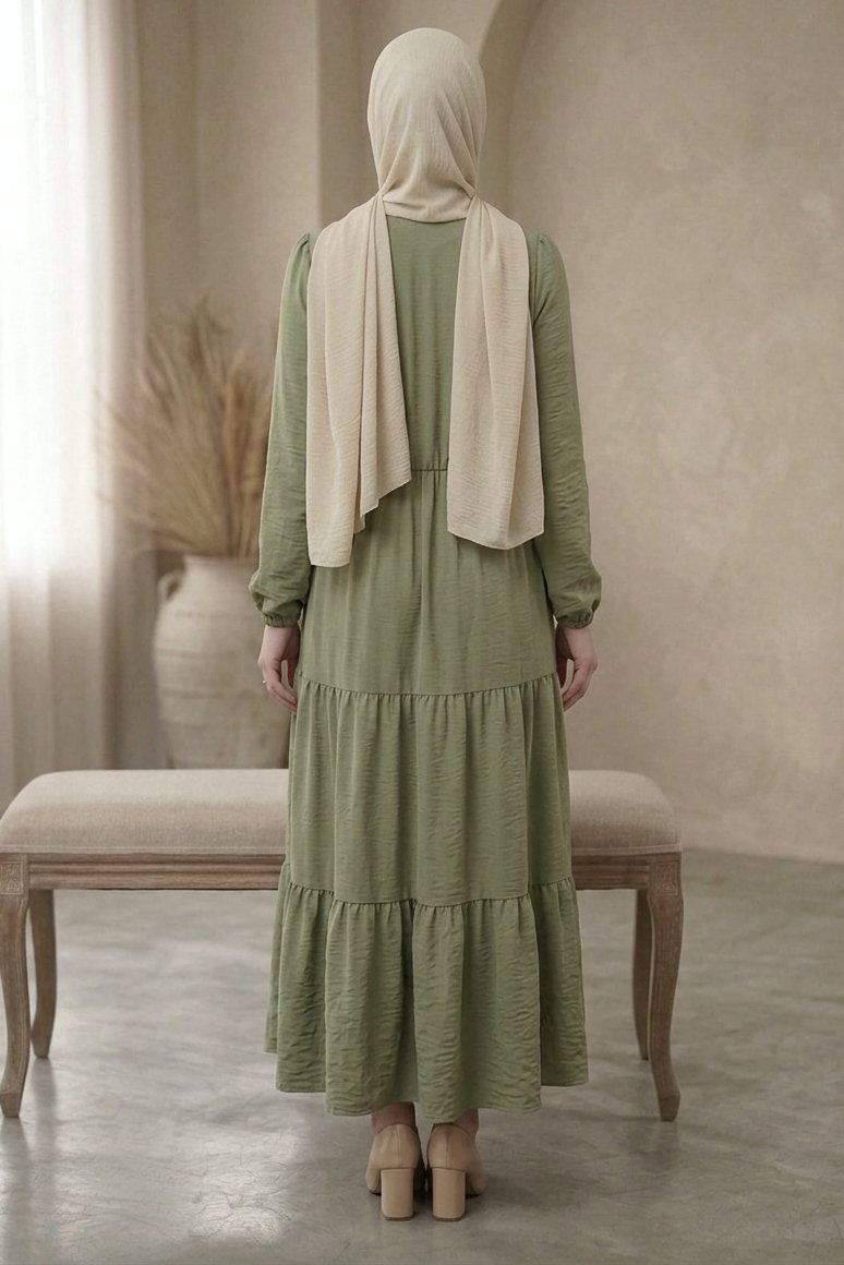 Belinde Tünel Detaylı 4 Katlı Elbise - 28383-HAKI - 3