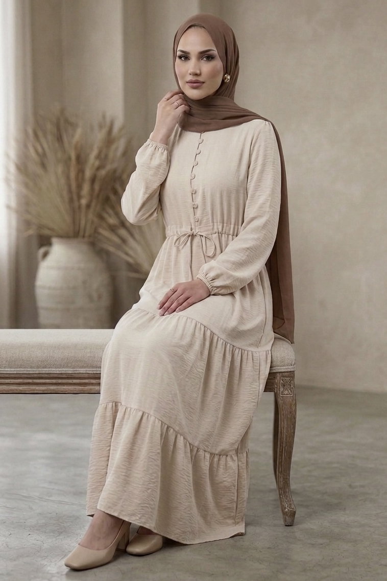 Belinde Tünel Detaylı 4 Katlı Elbise - 28383-KREM - 1