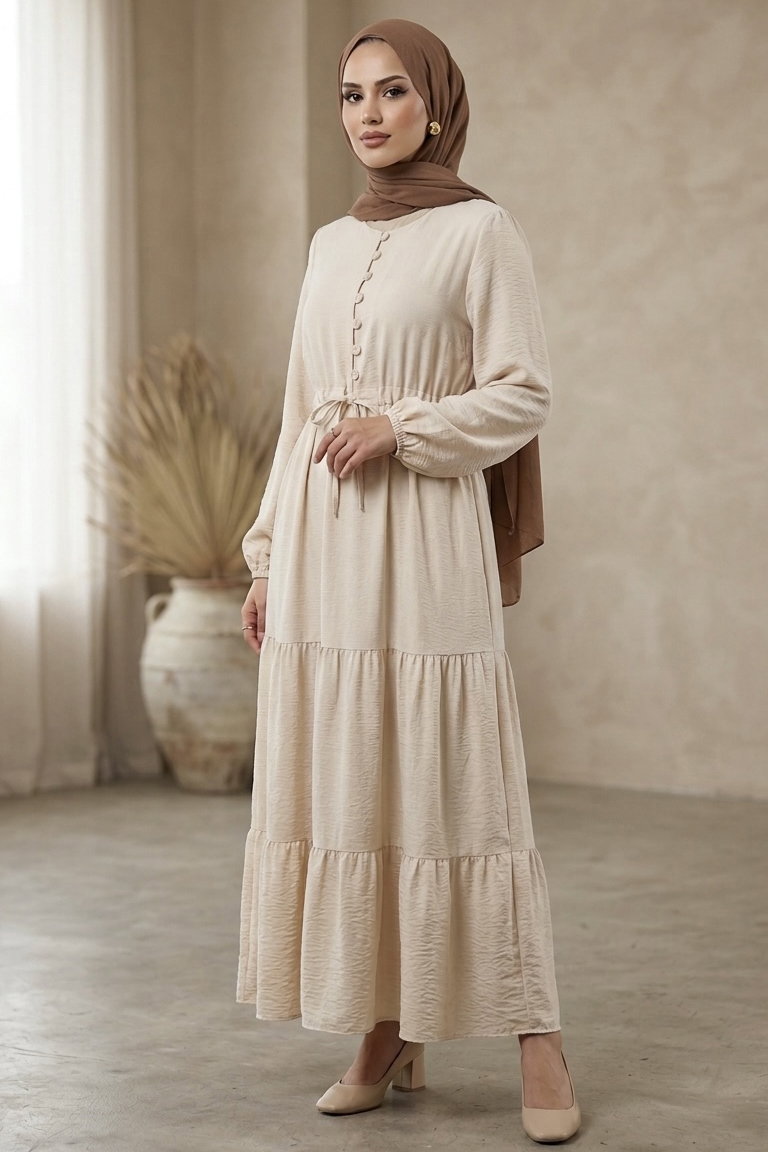 Belinde Tünel Detaylı 4 Katlı Elbise - 28383-KREM - 2