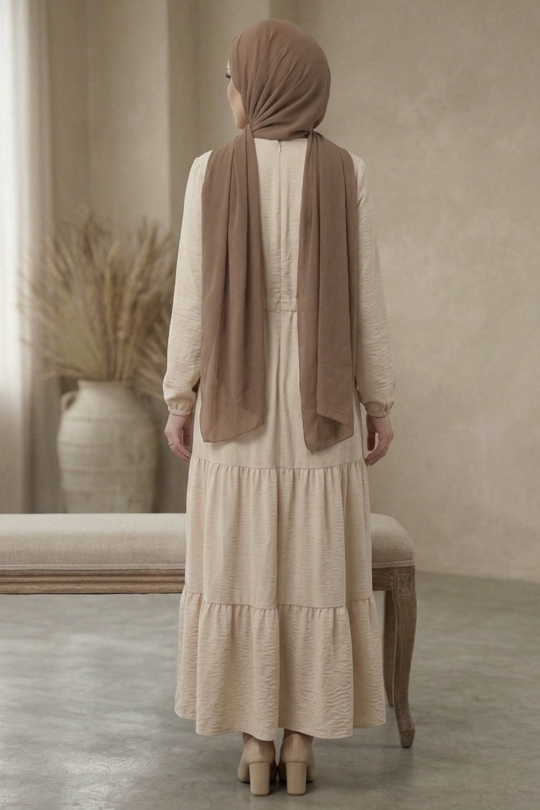 Belinde Tünel Detaylı 4 Katlı Elbise - 28383-KREM - 3