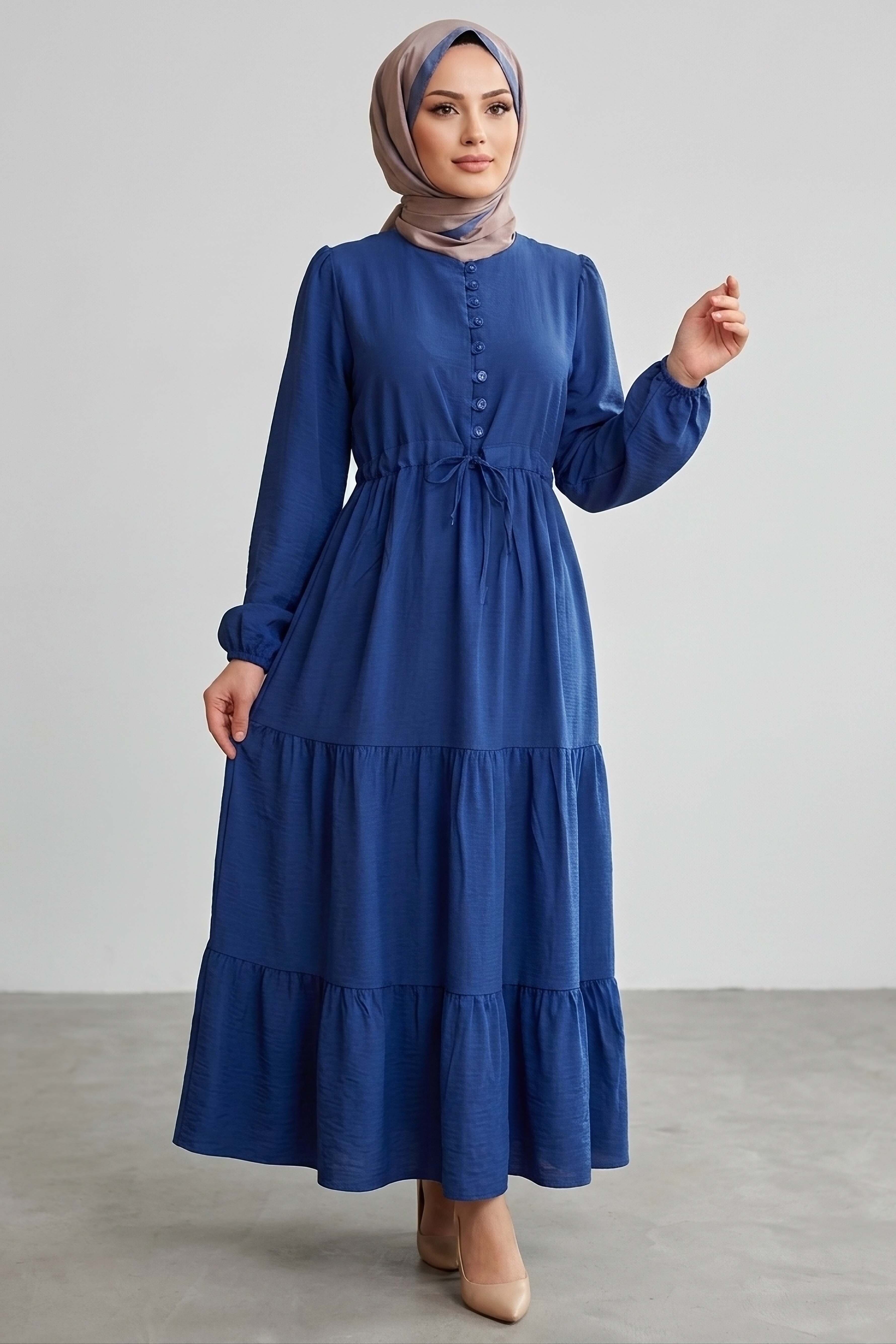 Belinde Tünel Detaylı 4 Katlı Elbise - 28383-LACIVERT - 1