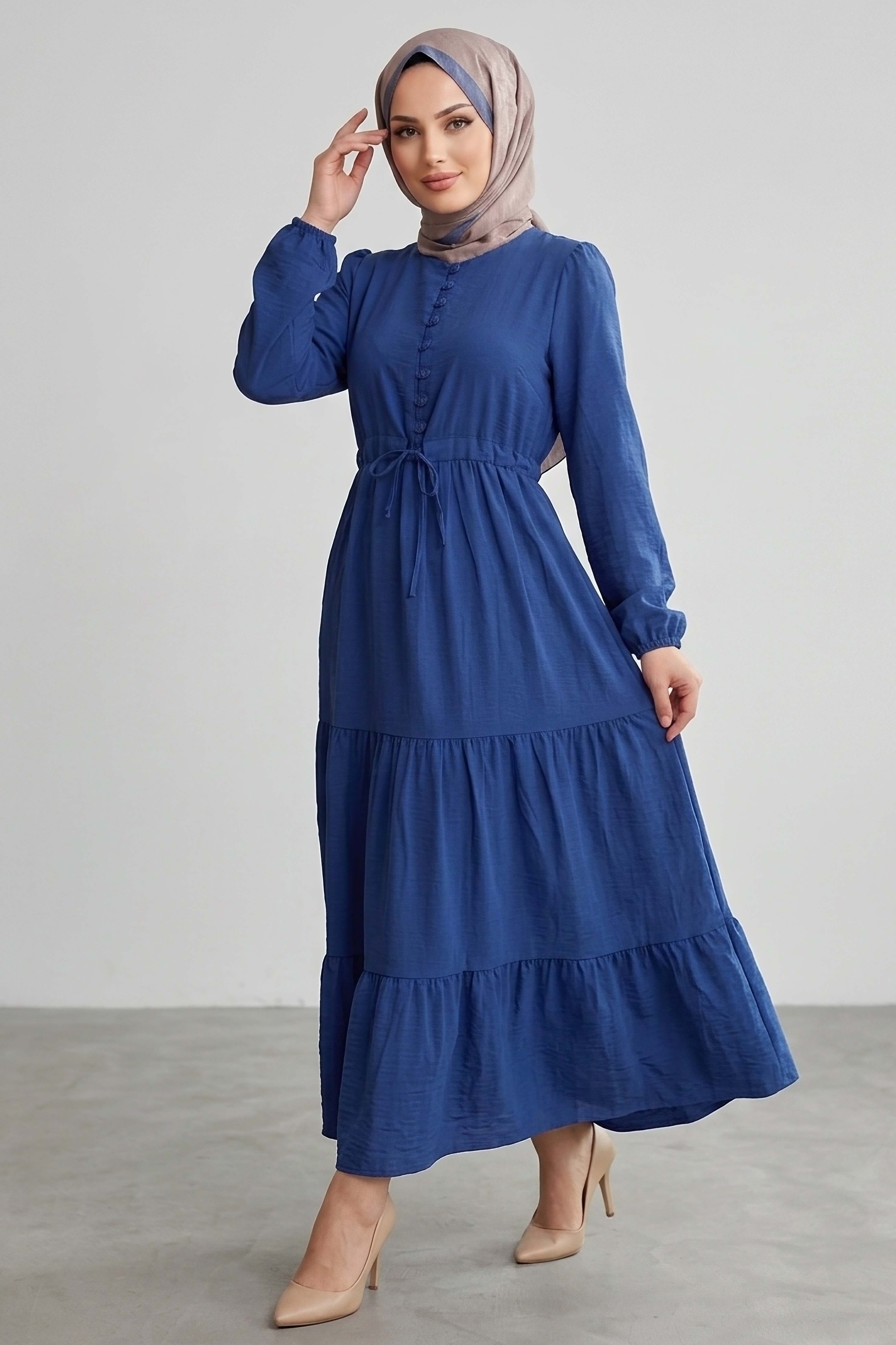 Belinde Tünel Detaylı 4 Katlı Elbise - 28383-LACIVERT - 2