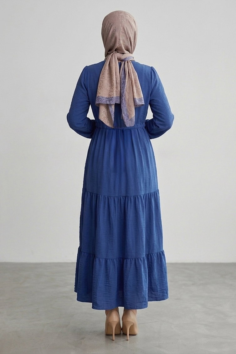 Belinde Tünel Detaylı 4 Katlı Elbise - 28383-LACIVERT - 3