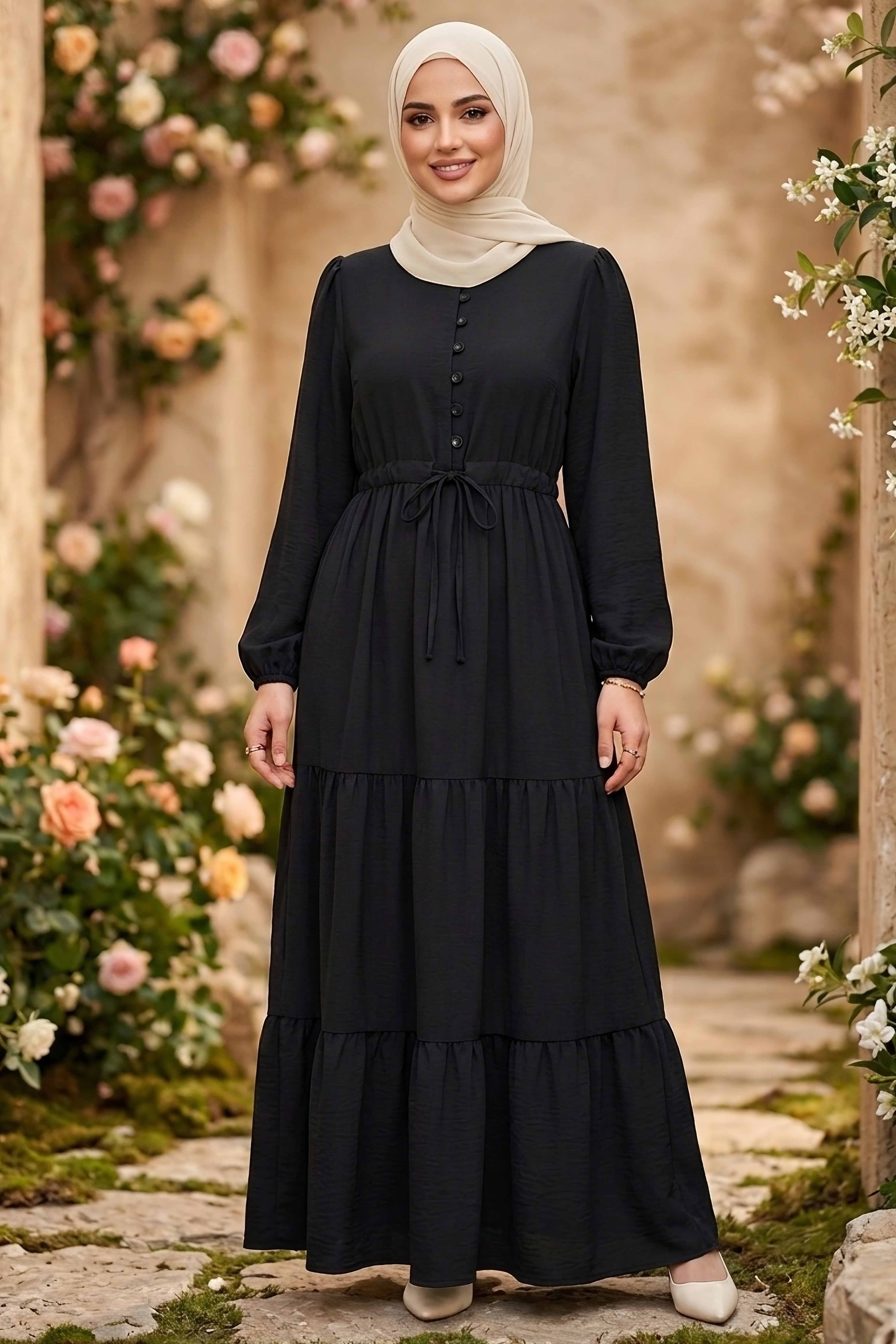 Belinde Tünel Detaylı 4 Katlı Elbise - 28383-SIYAH - 1