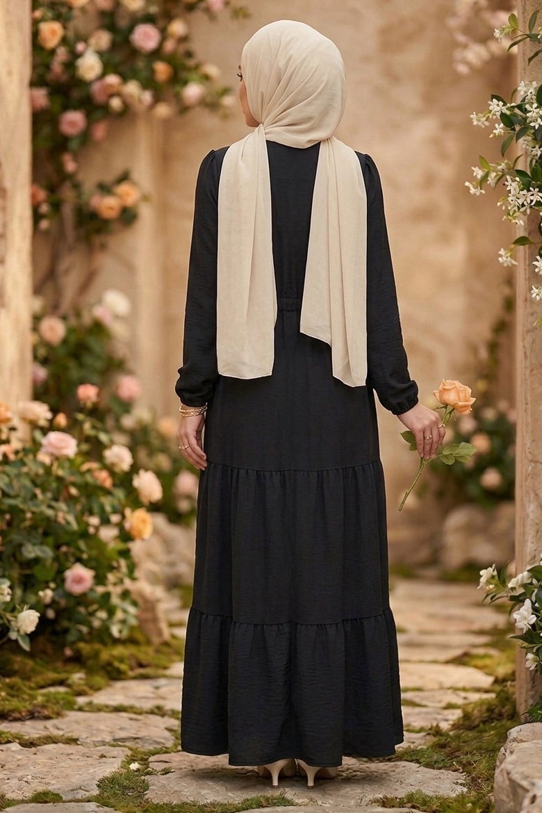 Belinde Tünel Detaylı 4 Katlı Elbise - 28383-SIYAH - 3