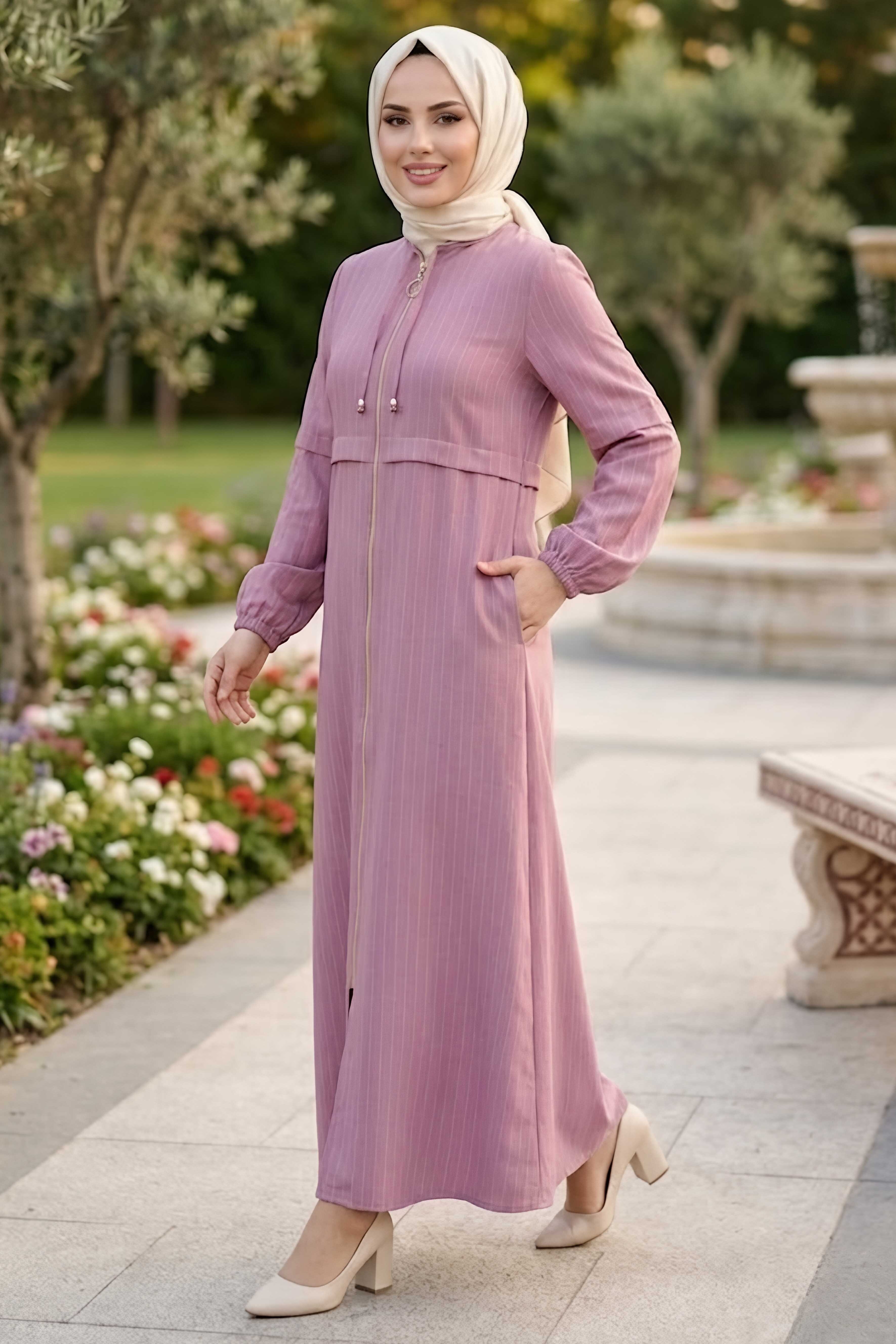 Bileği Lastikli Çizgili Fermuarlı Ferace Gul Kurusu - 2143-GUL-KURUSU - 2