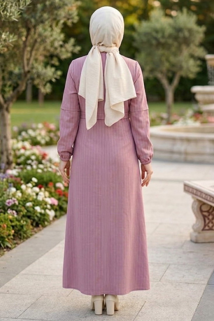 Bileği Lastikli Çizgili Fermuarlı Ferace Gul Kurusu - 2143-GUL-KURUSU - 3