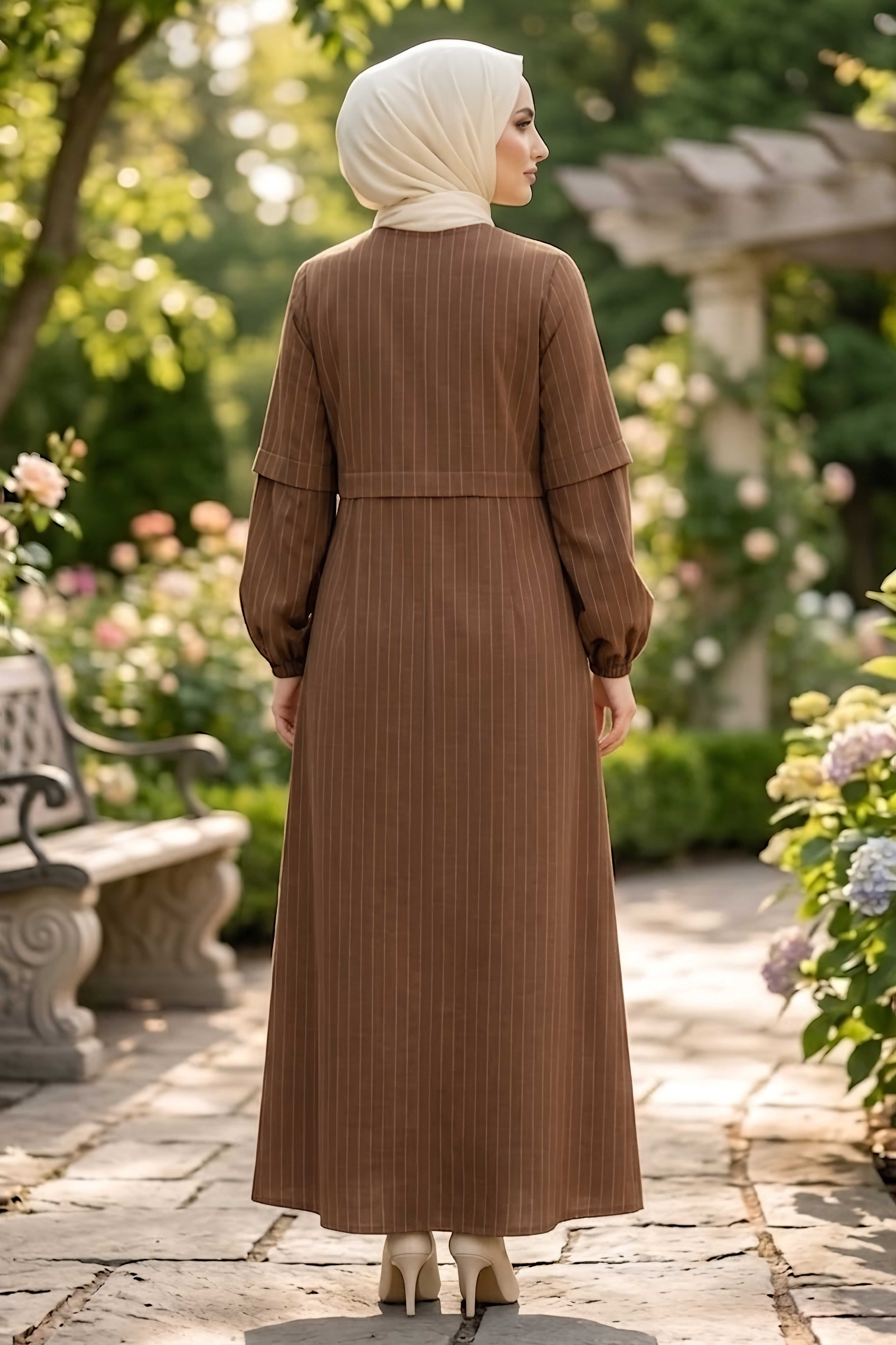 Bileği Lastikli Çizgili Fermuarlı Ferace Taba - 2143-TABA - 3