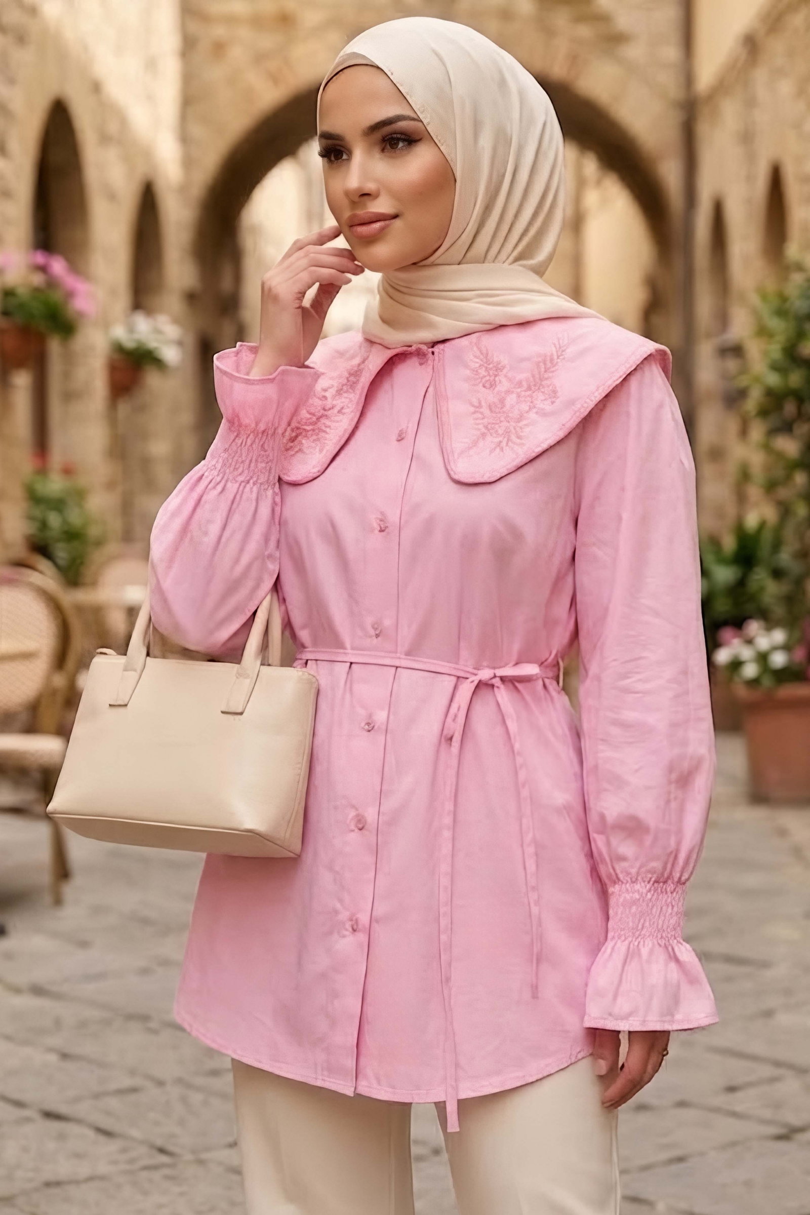 Bilek Lastikli Yaka Dantelli Gömlek Pembe - 28980-PEMBE - 2