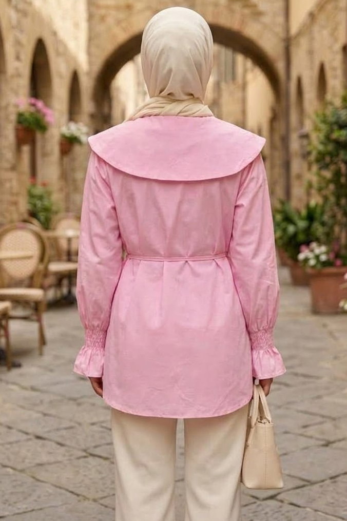 Bilek Lastikli Yaka Dantelli Gömlek Pembe - 28980-PEMBE - 3