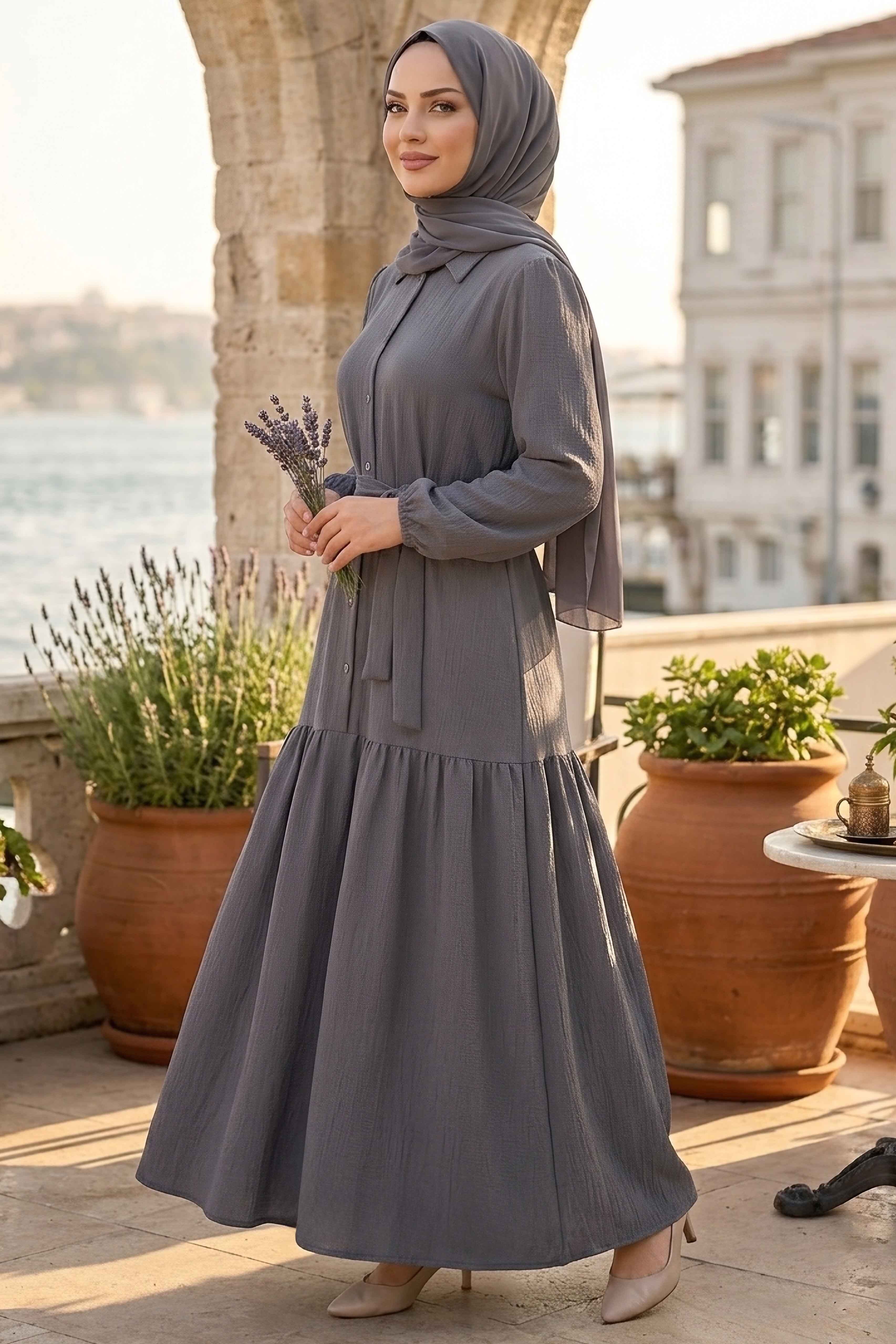 Bilekte Lastik Detaylı Kuşaklı Bürümcük Elbise - 1300-ANTRASIT - 2