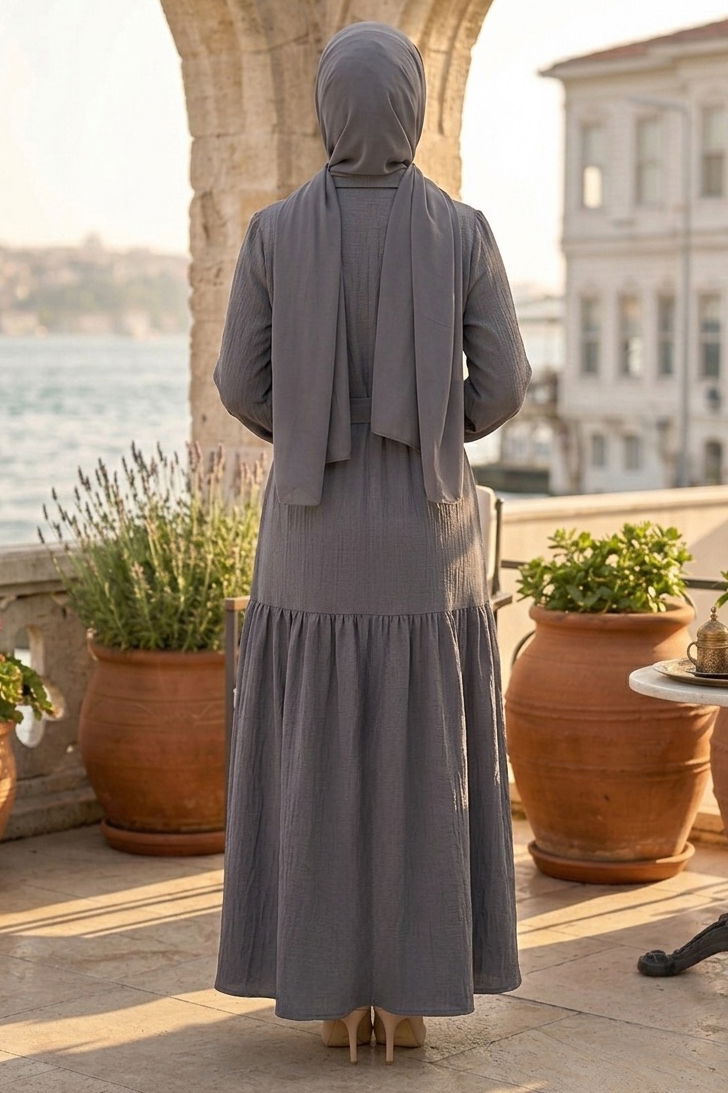 Bilekte Lastik Detaylı Kuşaklı Bürümcük Elbise - 1300-ANTRASIT - 3