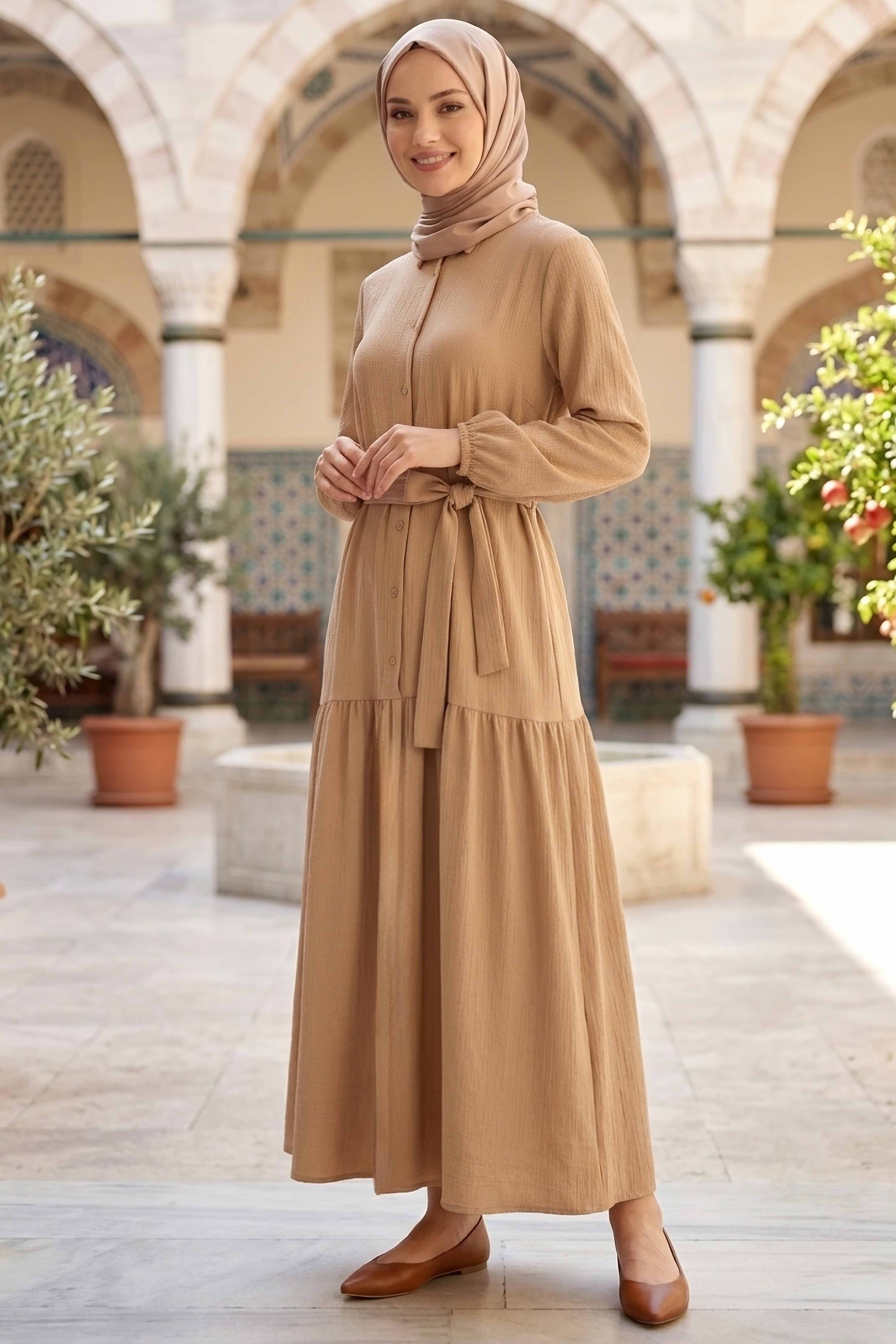 Bilekte Lastik Detaylı Kuşaklı Bürümcük Elbise - 1300-BEJ - 1