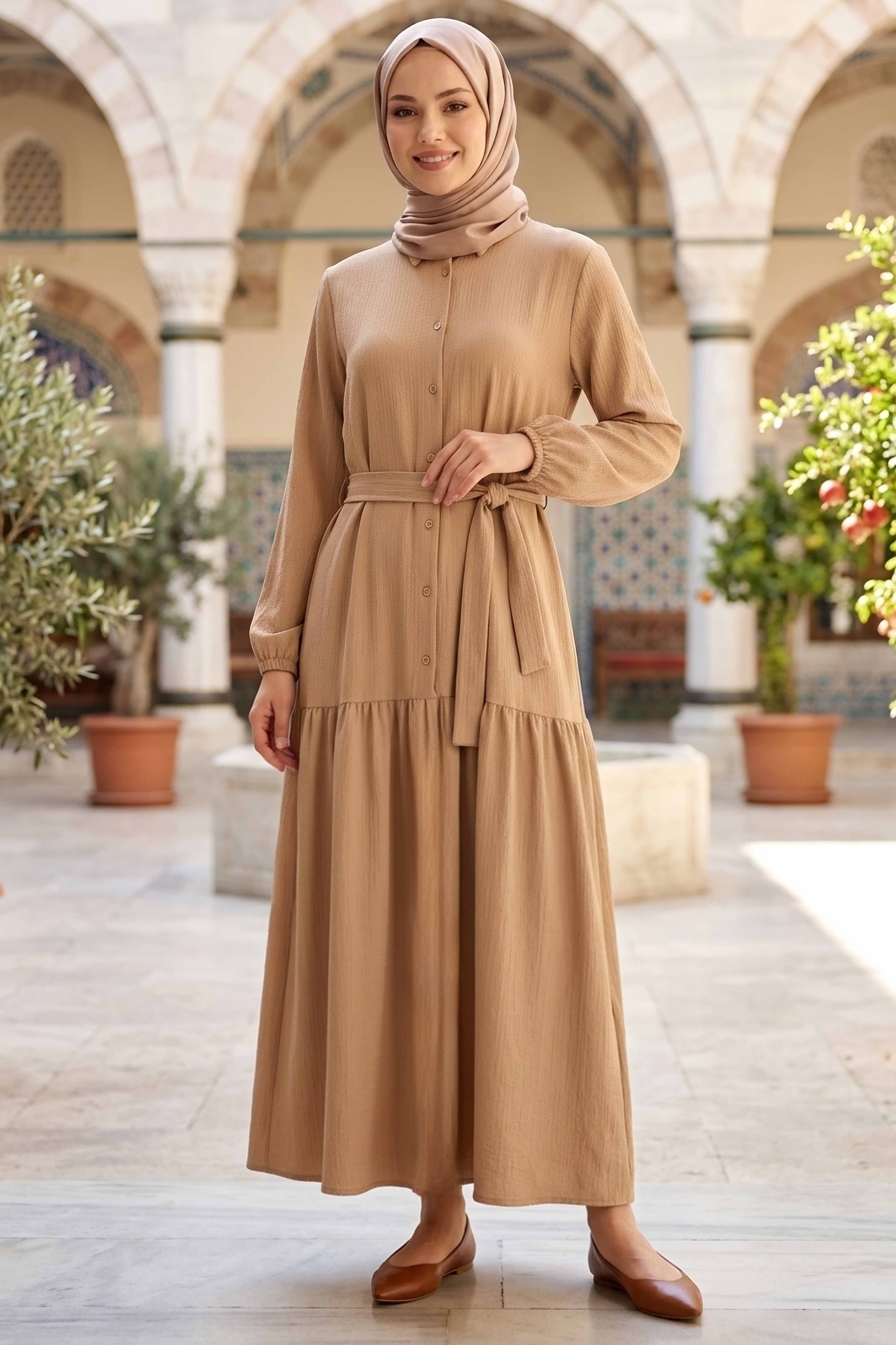 Bilekte Lastik Detaylı Kuşaklı Bürümcük Elbise - 1300-BEJ - 2