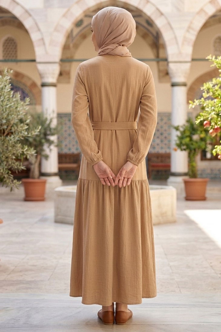 Bilekte Lastik Detaylı Kuşaklı Bürümcük Elbise - 1300-BEJ - 3
