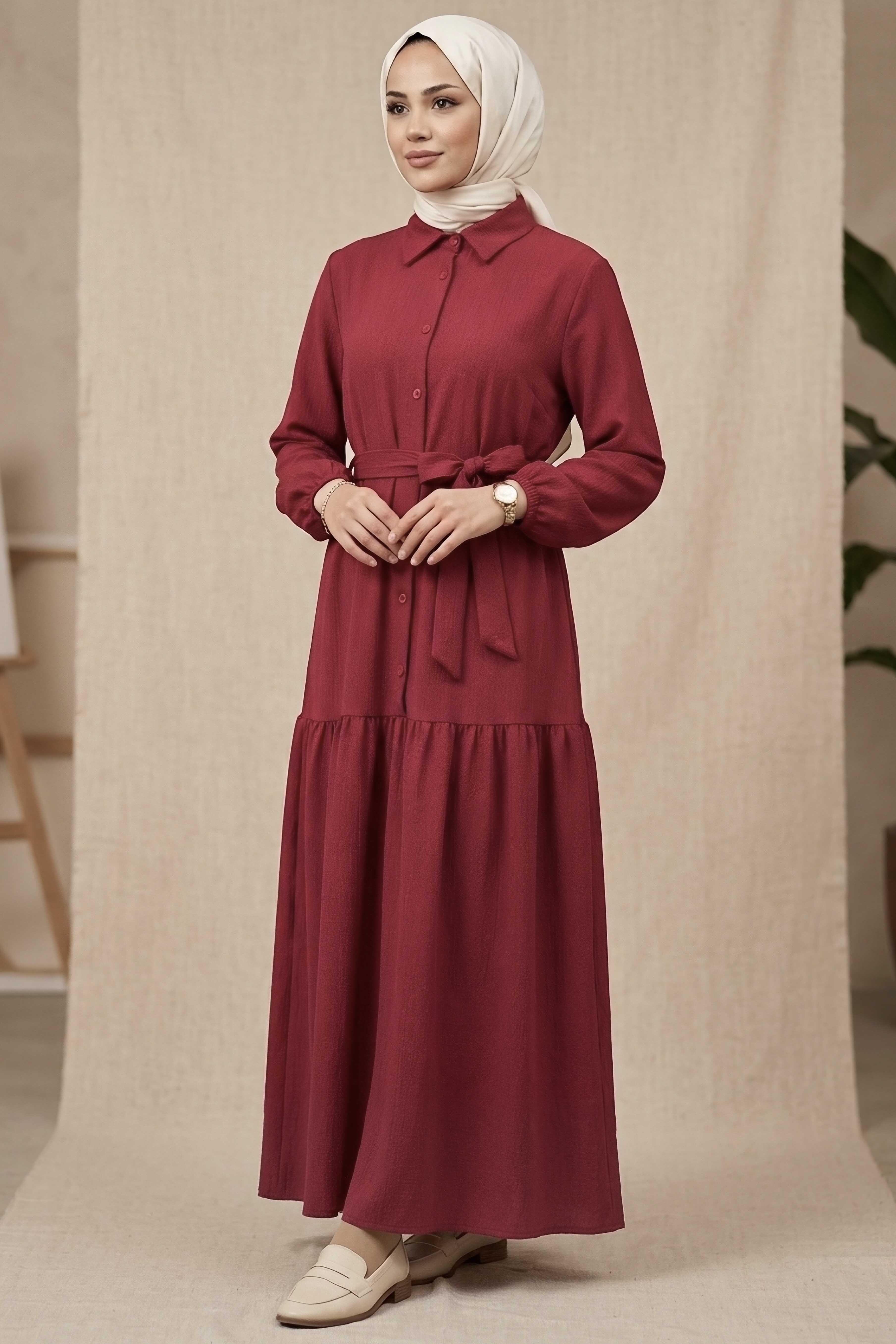 Bilekte Lastik Detaylı Kuşaklı Bürümcük Elbise - 1300-BORDO - 2