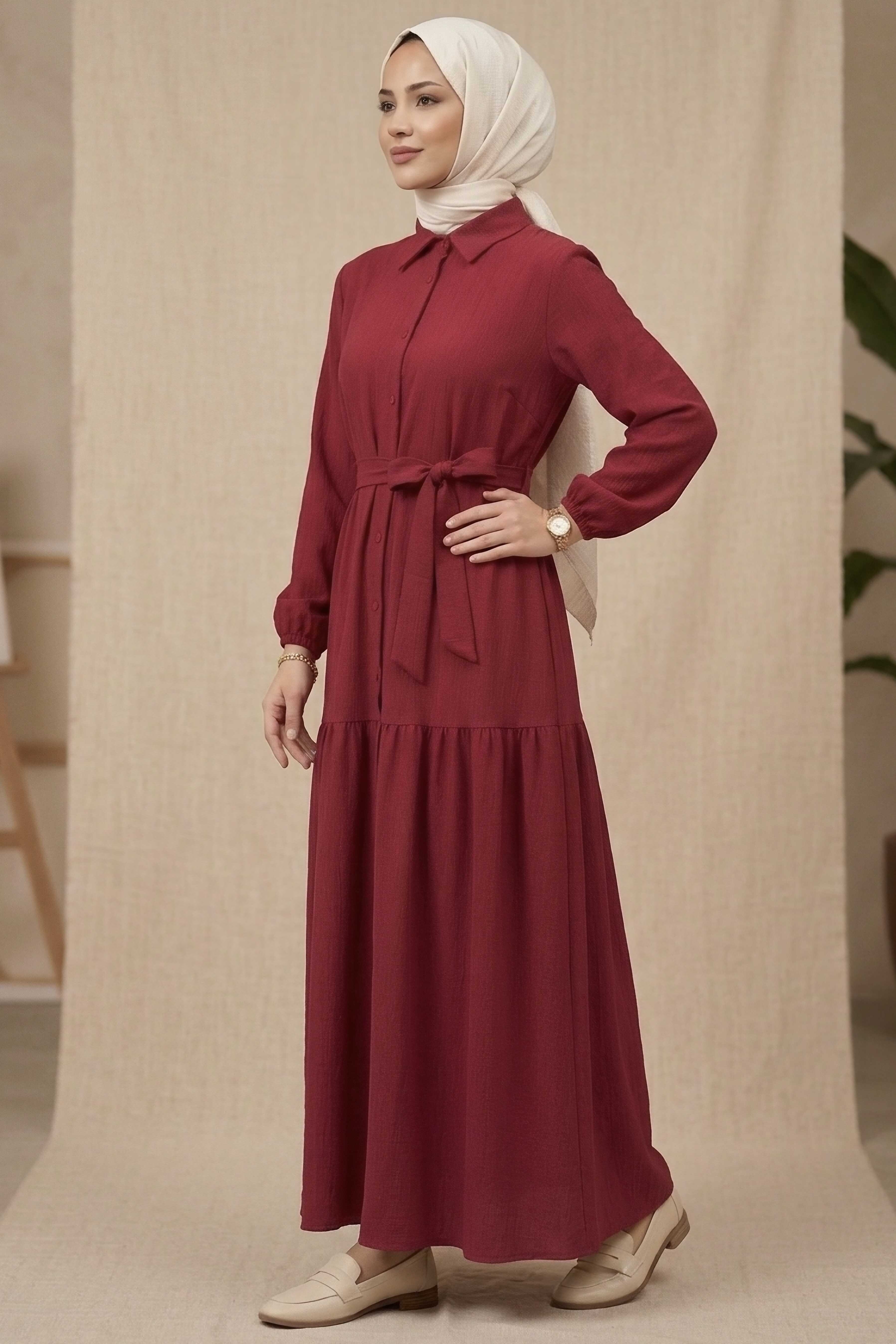 Bilekte Lastik Detaylı Kuşaklı Bürümcük Elbise - 1300-BORDO - 1