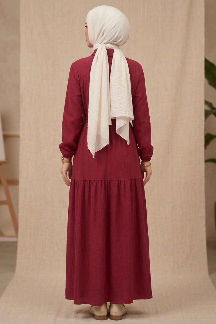 Bilekte Lastik Detaylı Kuşaklı Bürümcük Elbise - 1300-BORDO - 3