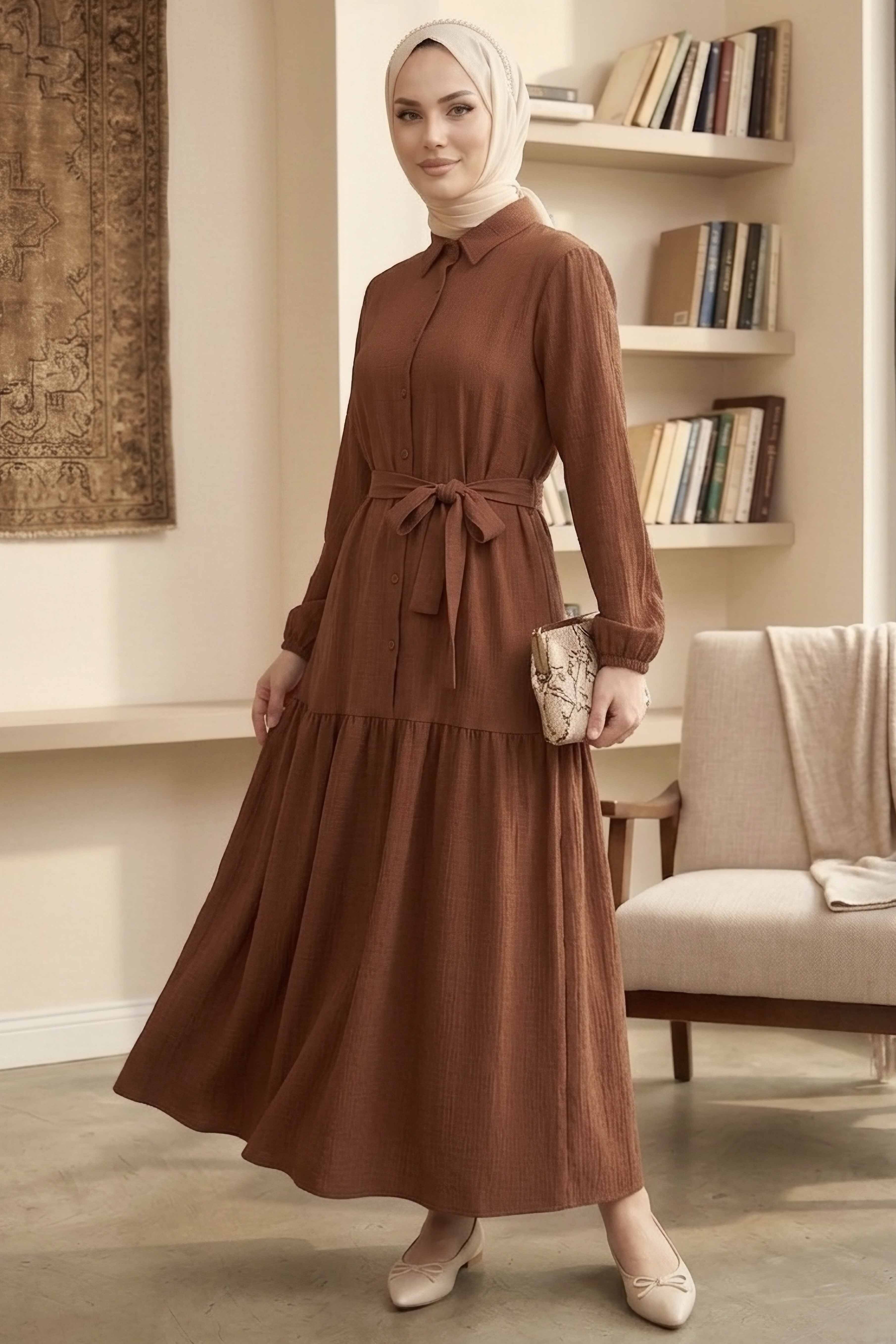 Bilekte Lastik Detaylı Kuşaklı Bürümcük Elbise - 1300-KAHVE - 1