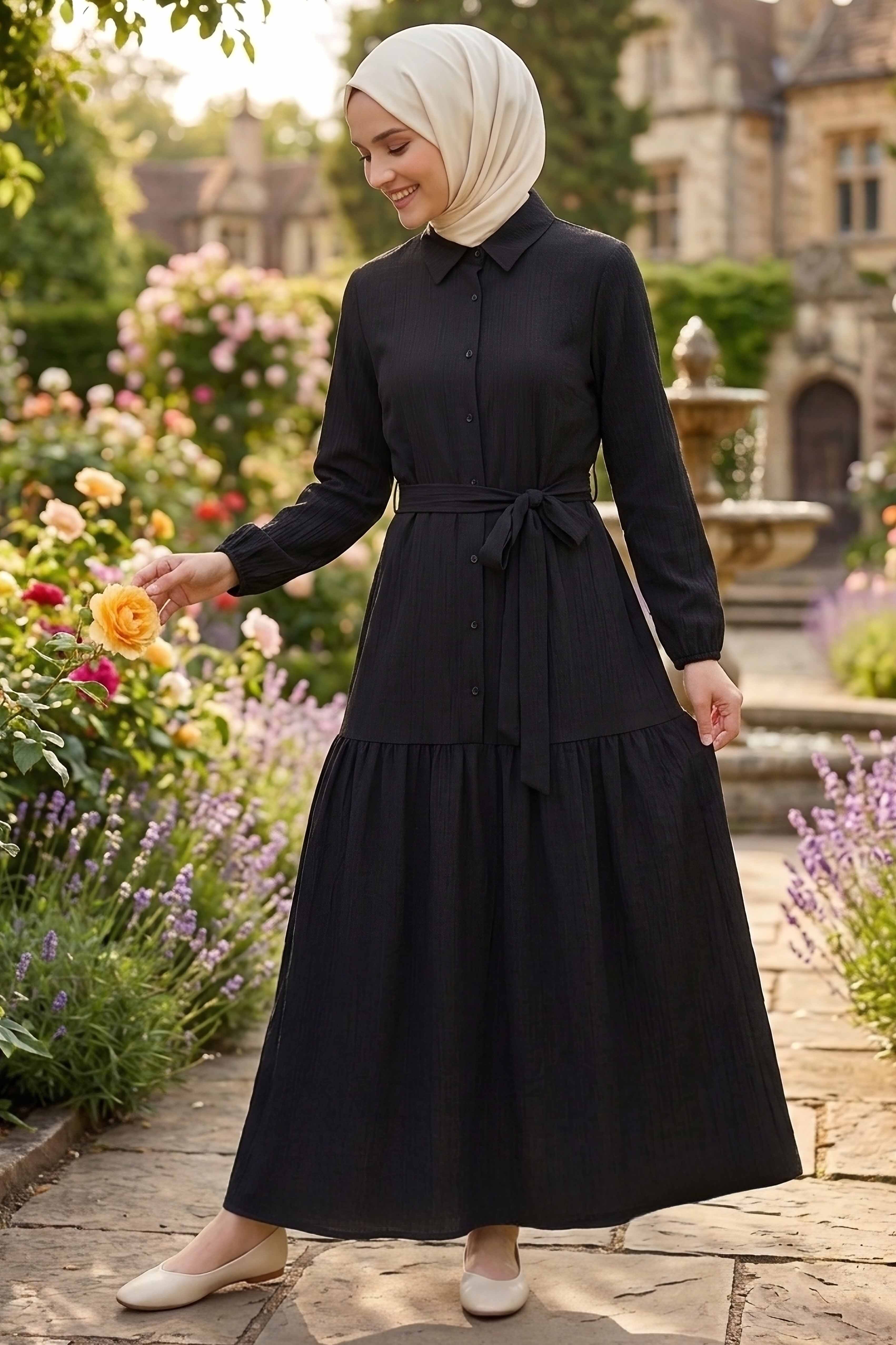 Bilekte Lastik Detaylı Kuşaklı Bürümcük Elbise - 1300-SIYAH - 1