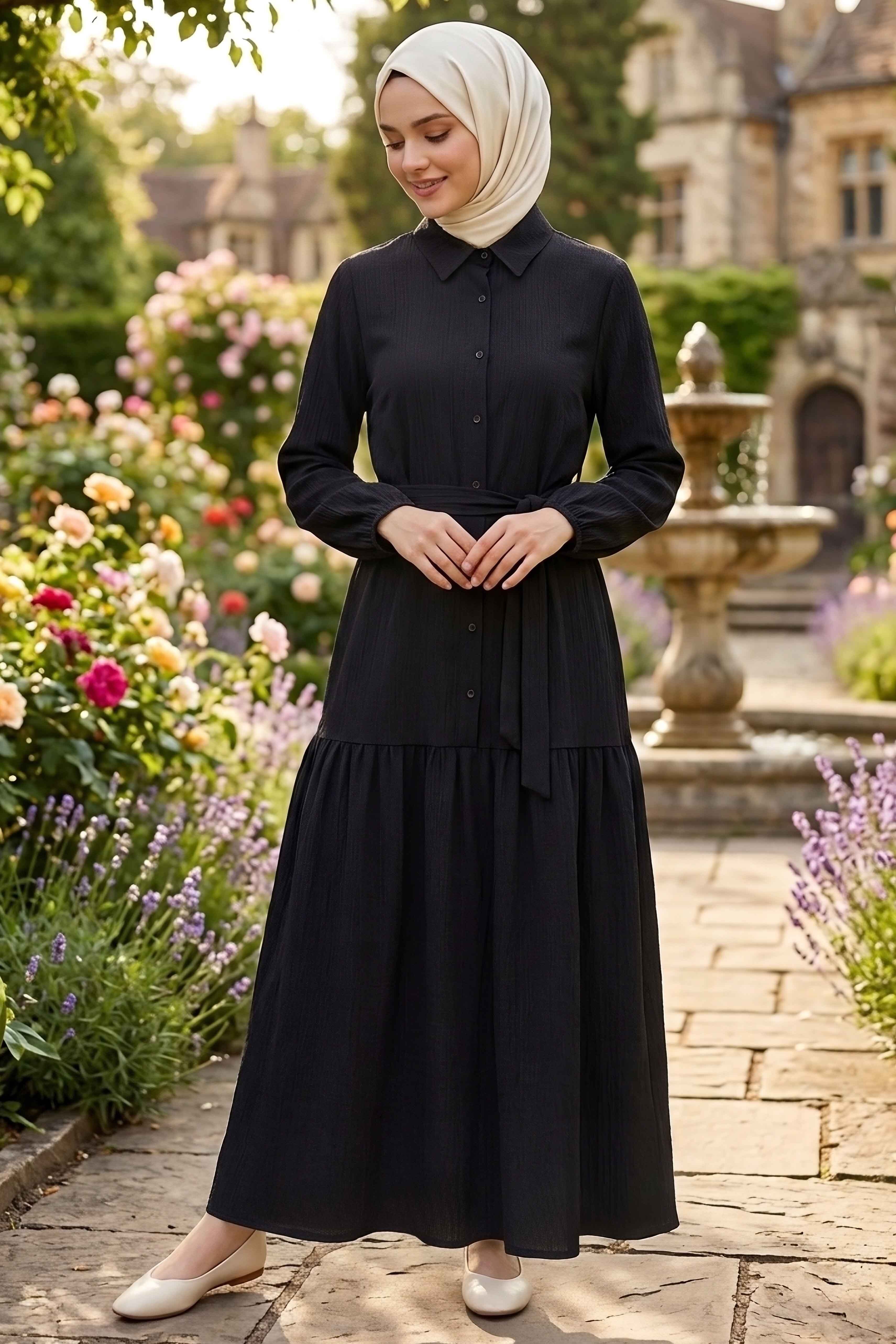 Bilekte Lastik Detaylı Kuşaklı Bürümcük Elbise - 1300-SIYAH - 2