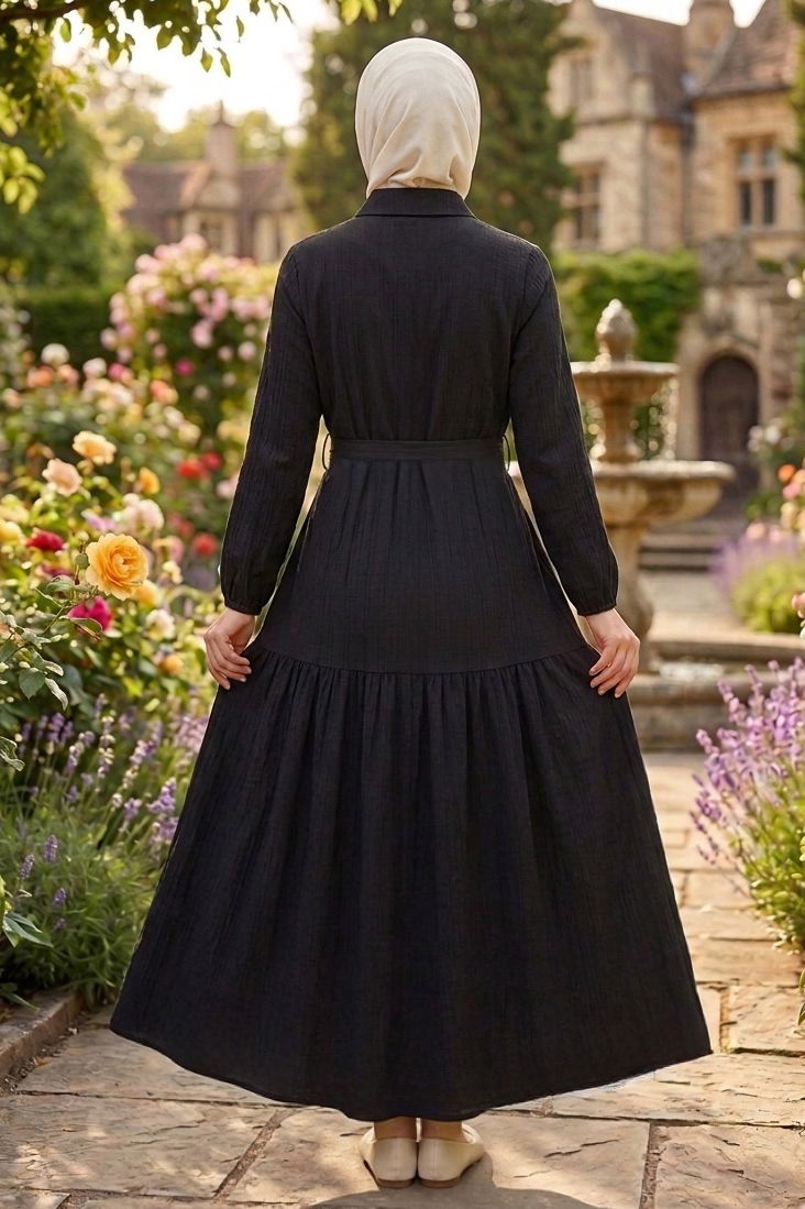 Bilekte Lastik Detaylı Kuşaklı Bürümcük Elbise - 1300-SIYAH - 3