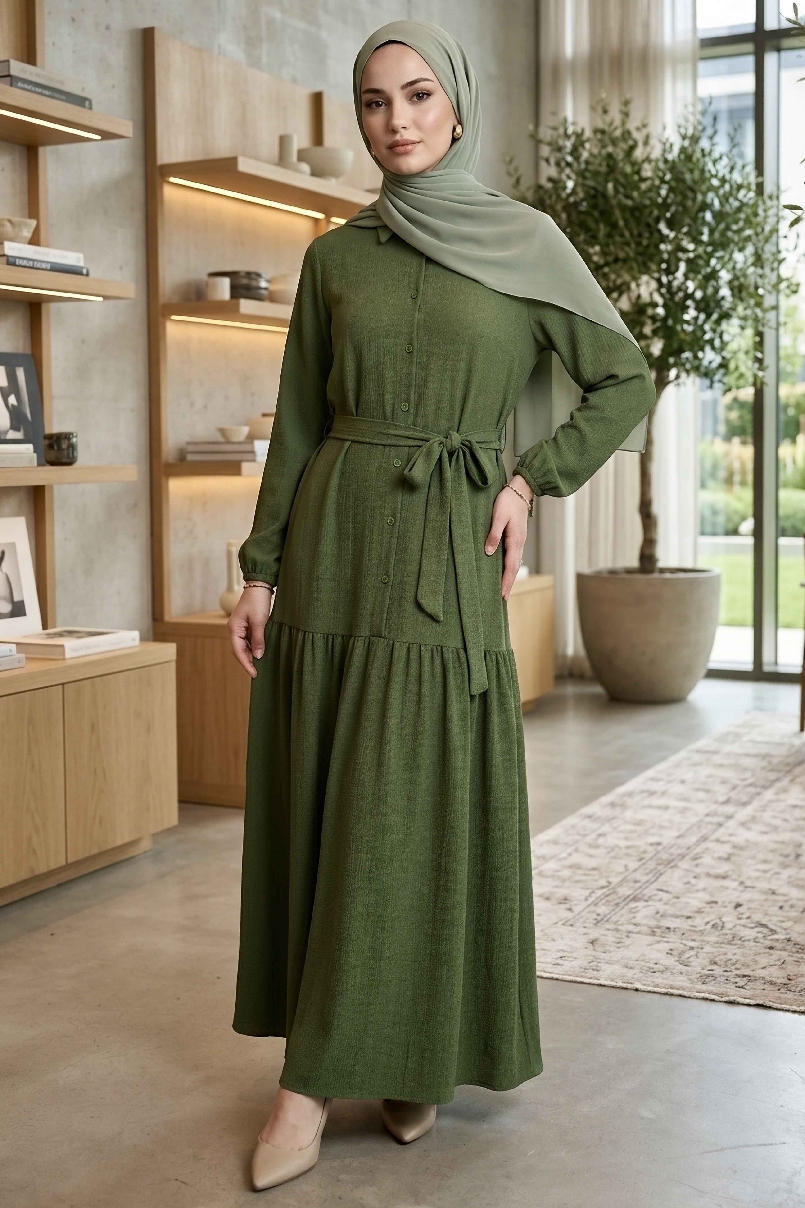 Bilekte Lastik Detaylı Kuşaklı Bürümcük Elbise - 1300-ZUMRUT - 1