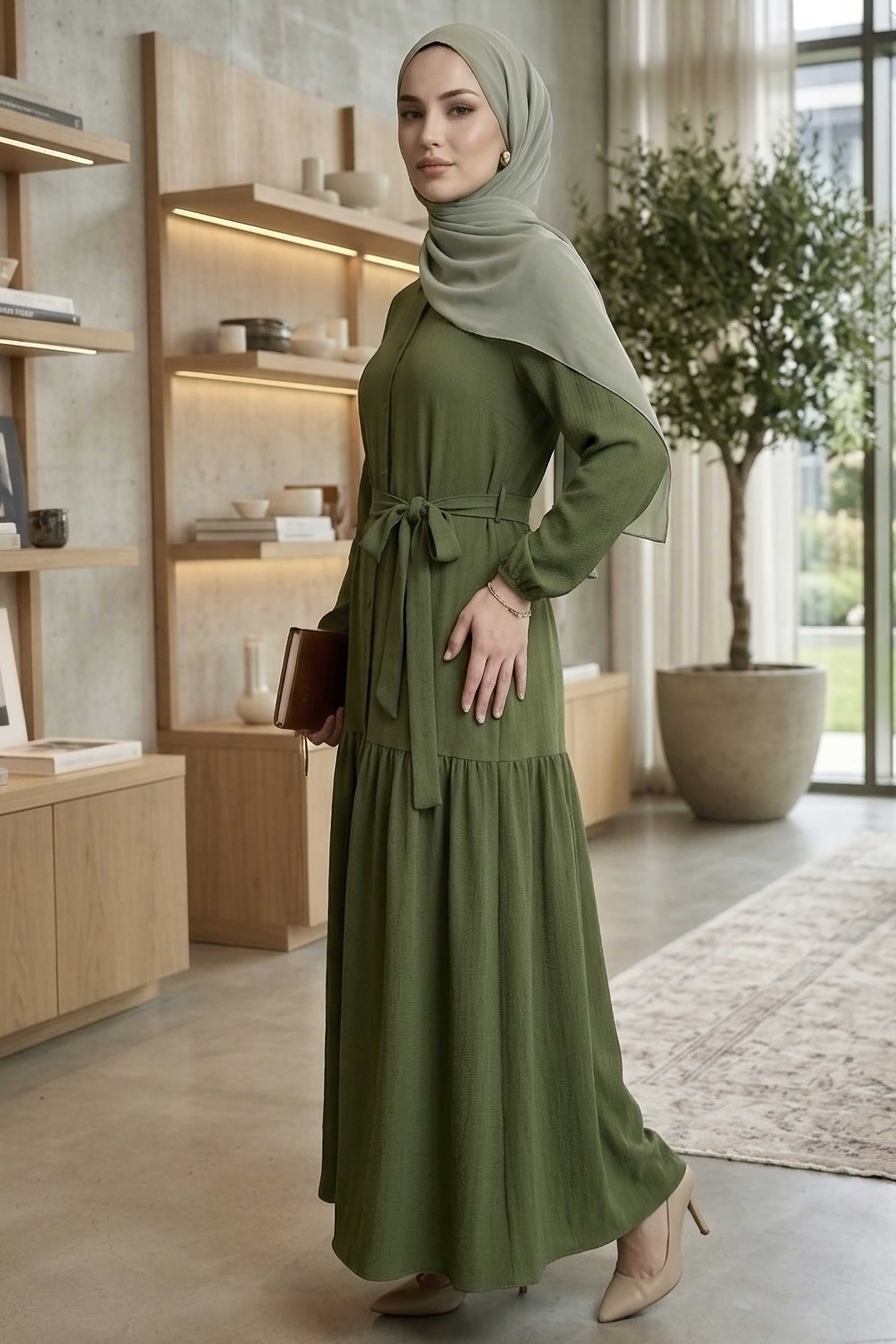 Bilekte Lastik Detaylı Kuşaklı Bürümcük Elbise - 1300-ZUMRUT - 3