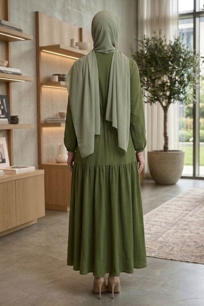 Bilekte Lastik Detaylı Kuşaklı Bürümcük Elbise - 1300-ZUMRUT - 4