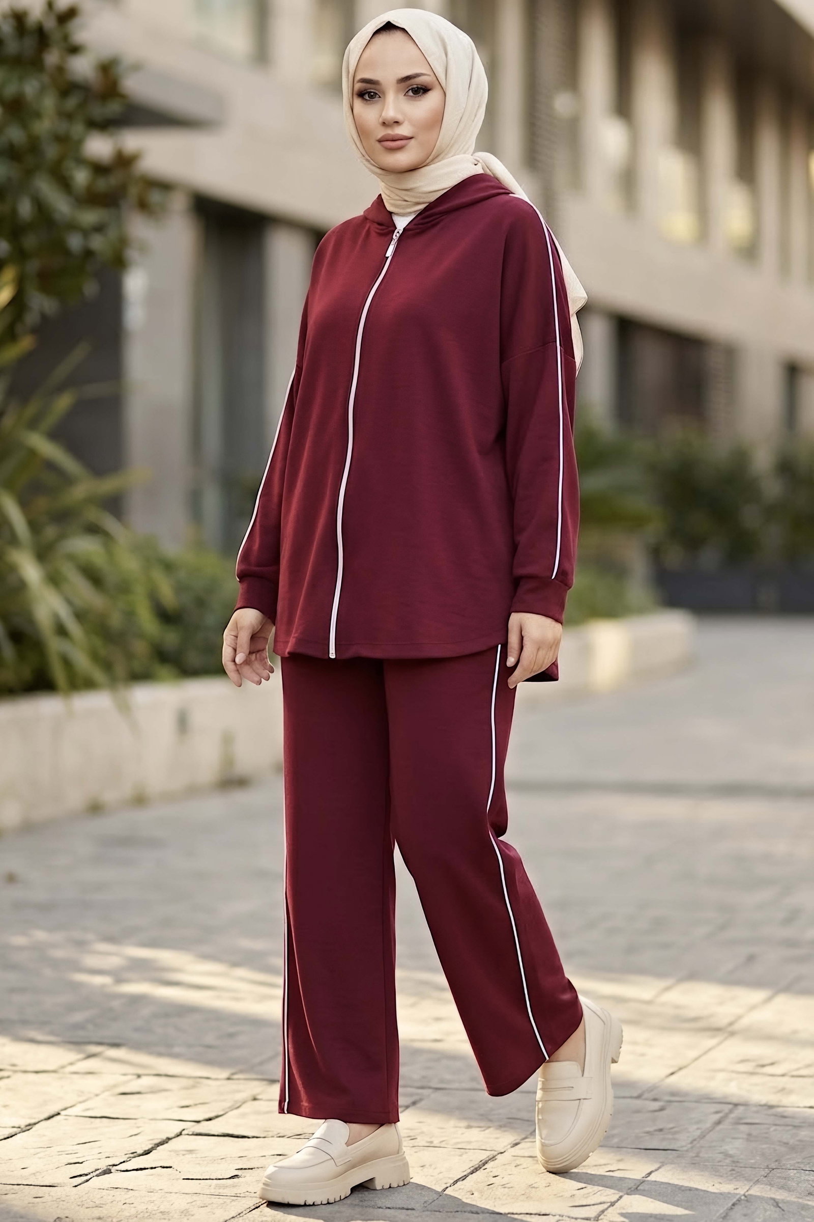 Biye Detaylı Oysh Modal İkili Takım Bordo - 1359-BORDO - 1