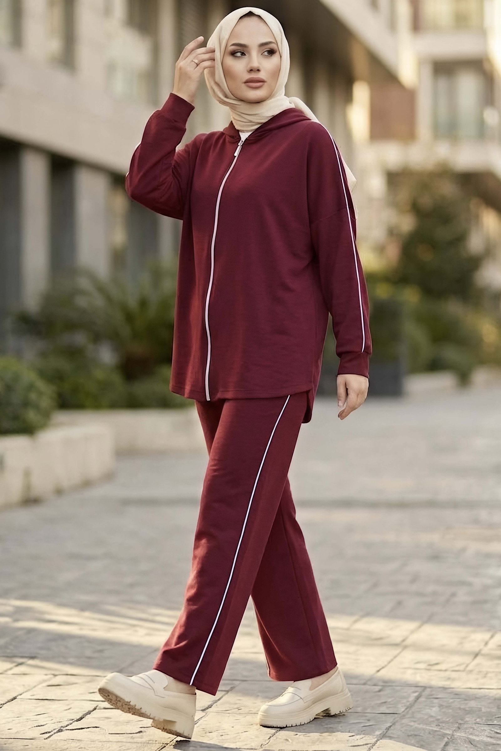 Biye Detaylı Oysh Modal İkili Takım Bordo - 1359-BORDO - 2