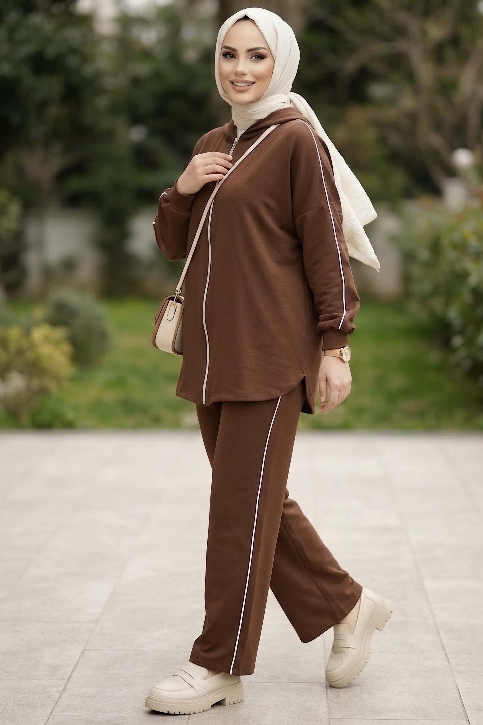 Biye Detaylı Oysh Modal İkili Takım Kahve - 1359-KAHVE - 2