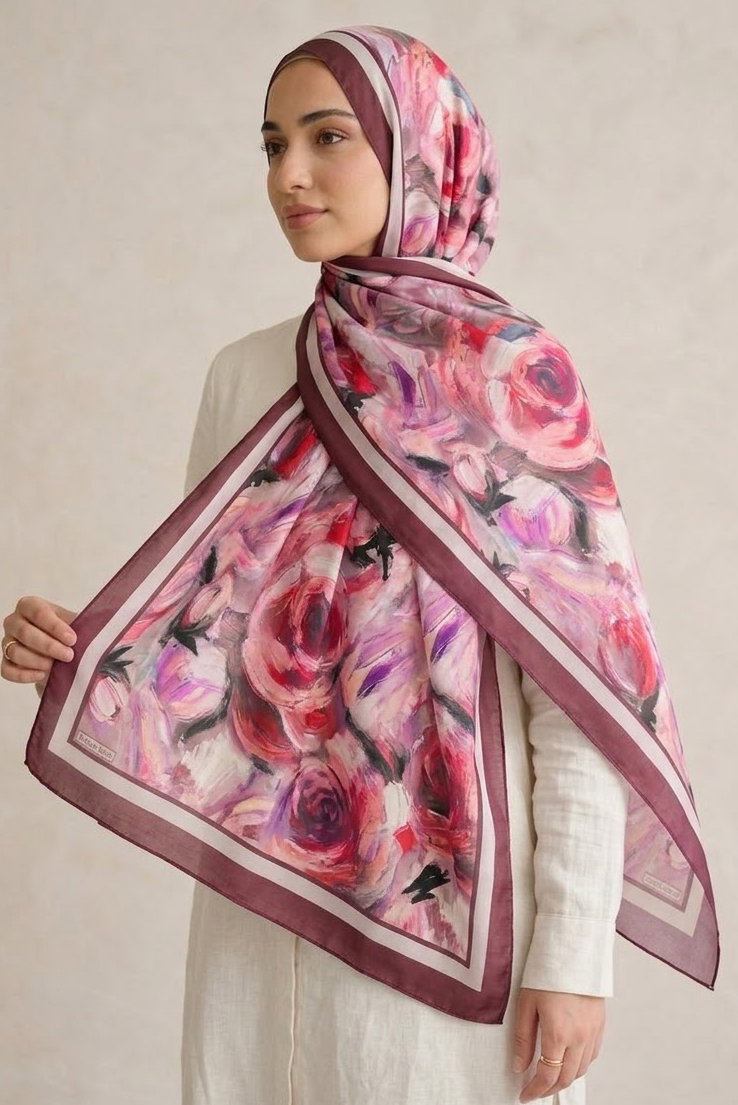 Bloom Flowers İtalyan İpek Şal Bordo - 28736-BORDO - 1