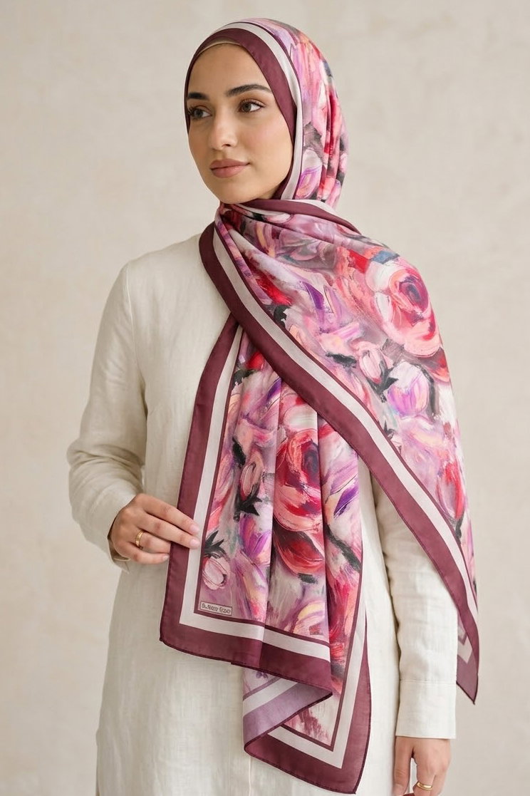 Bloom Flowers İtalyan İpek Şal Bordo - 28736-BORDO - 2