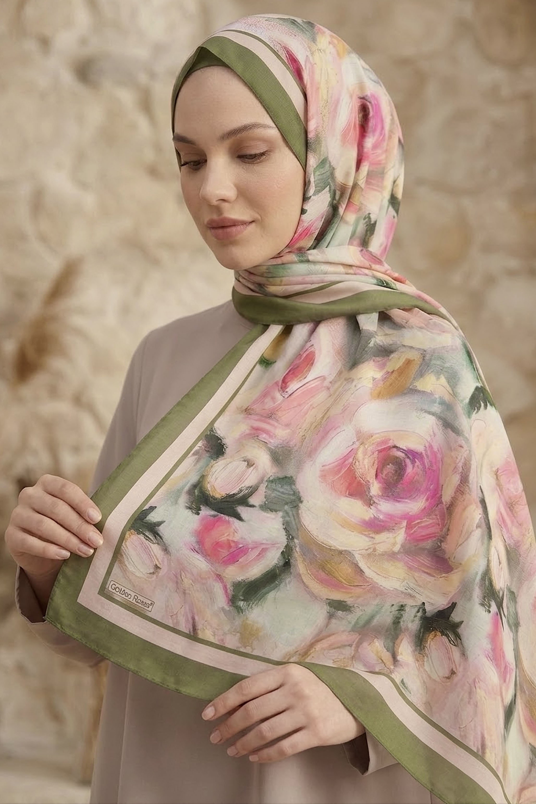 Bloom Flowers İtalyan İpek Şal Haki - 28736-HAKI - 1