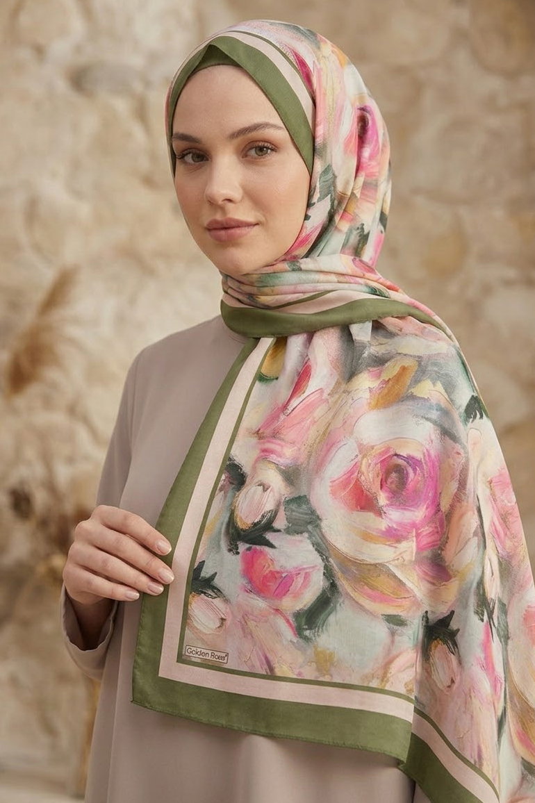 Bloom Flowers İtalyan İpek Şal Haki - 28736-HAKI - 2
