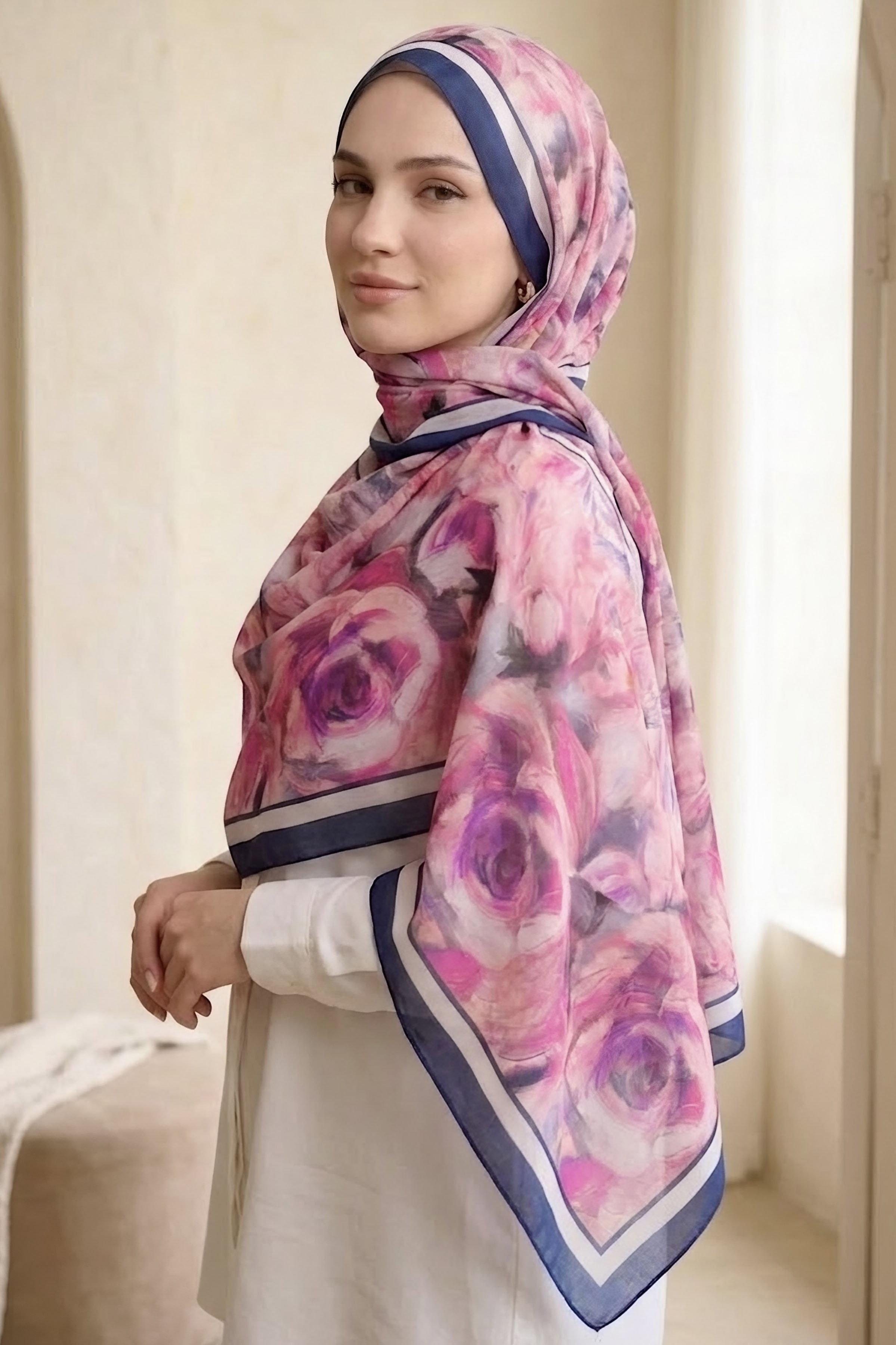Bloom Flowers İtalyan İpek Şal Lacivert - 28736-LACIVERT - 1